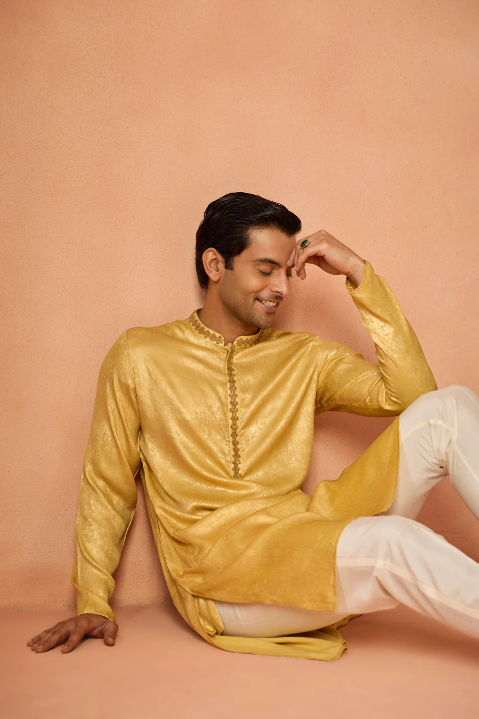 Golden Yellow Silk Blend Embroidered Kurta Trouser Set - Image 7
