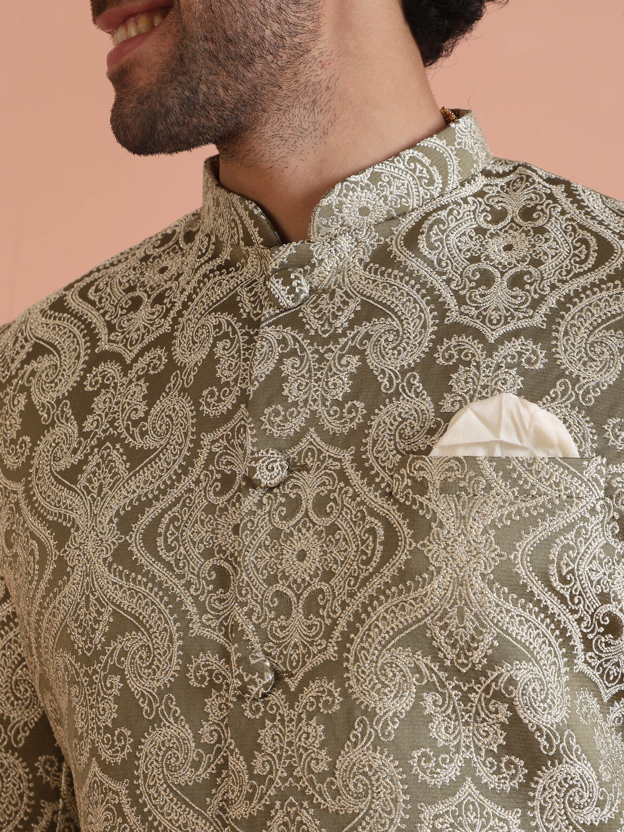 Green Brocade Sherwani Trouser Set - Image 5