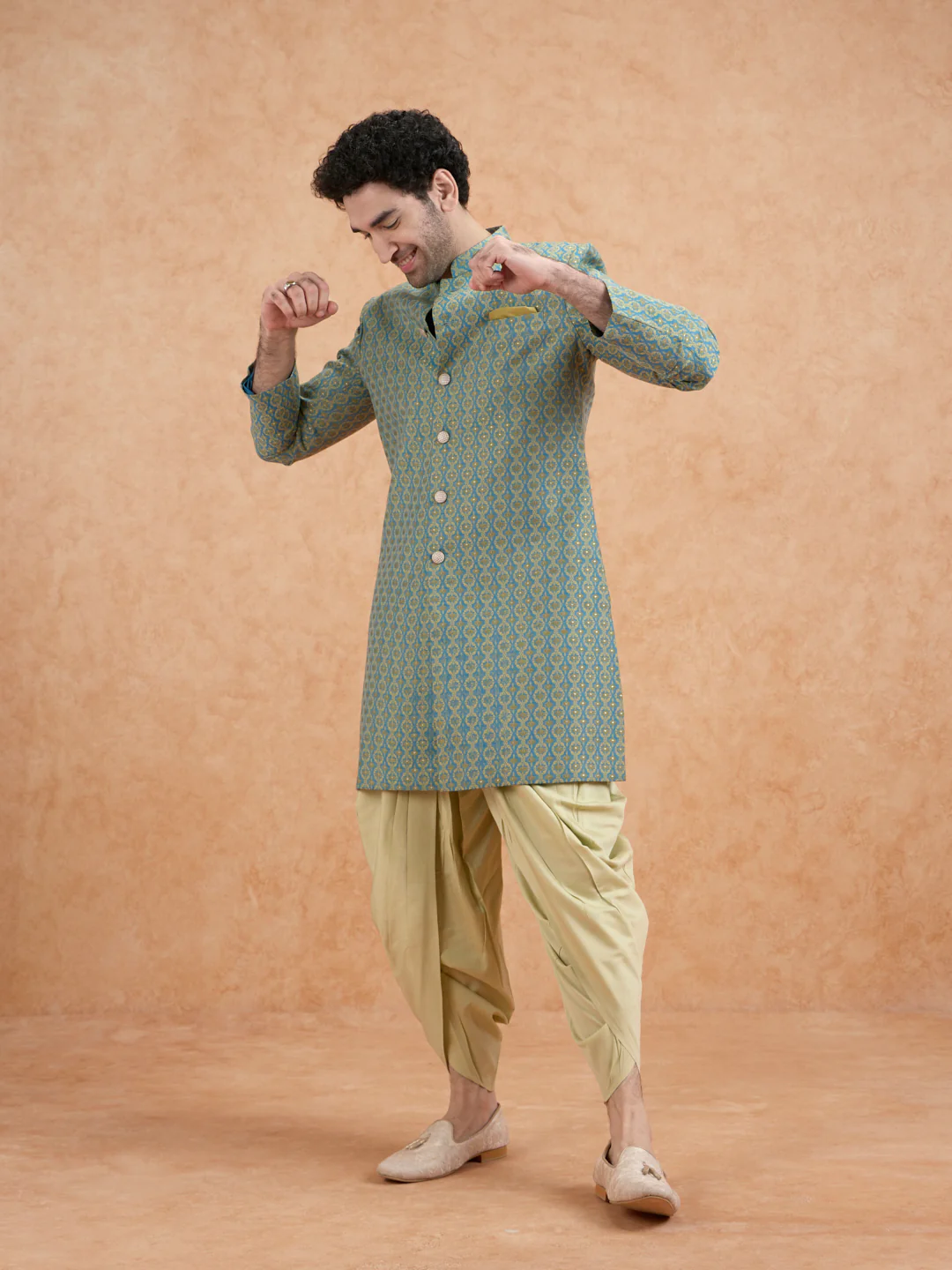 Green Brocade Sherwani with Dhoti