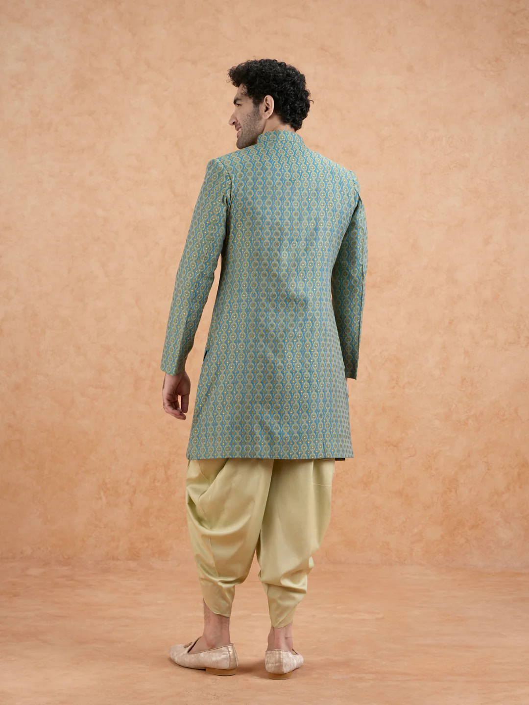 Green Brocade Sherwani with Dhoti - Image 4