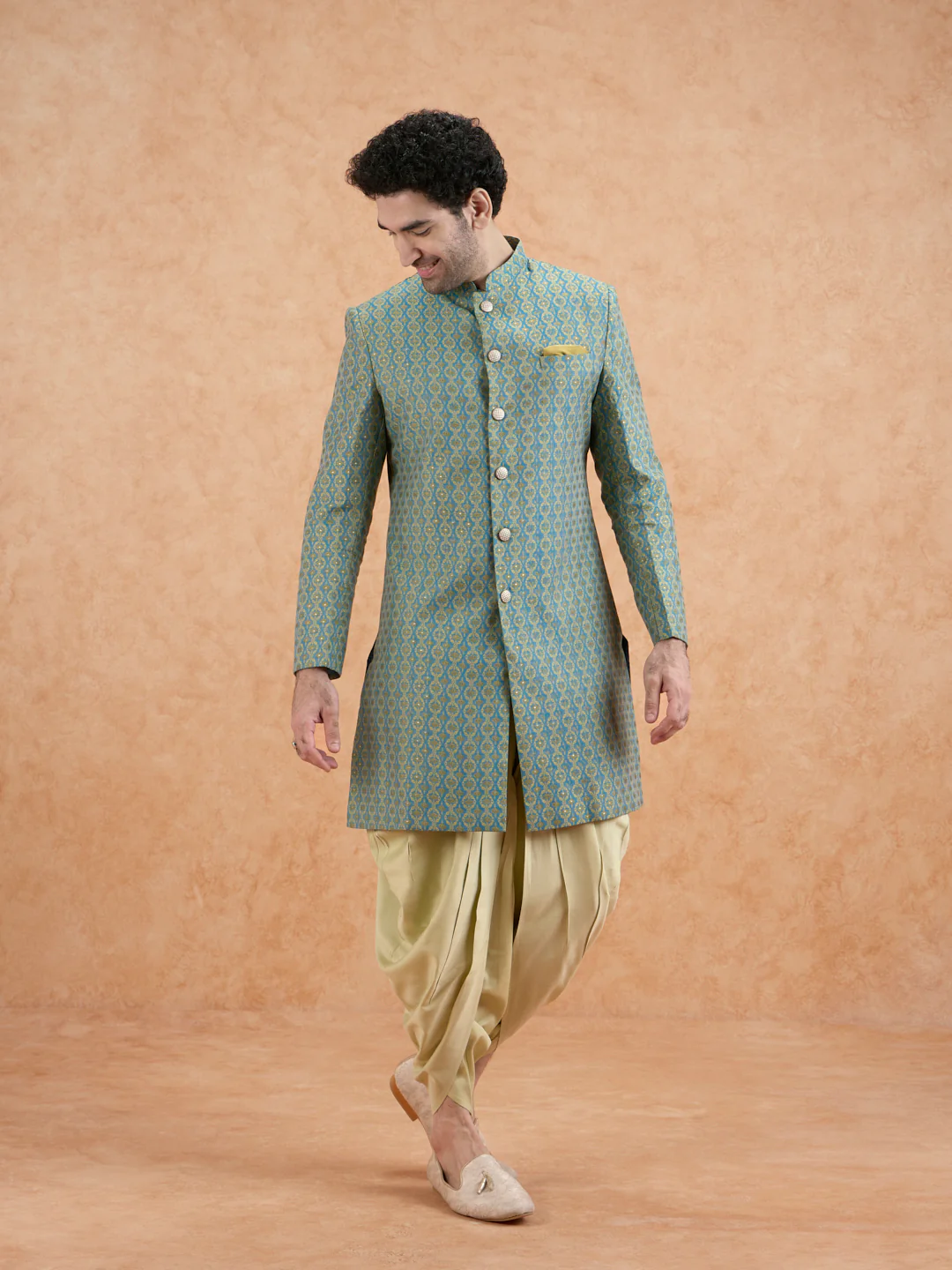 Green Brocade Sherwani with Dhoti - Image 7