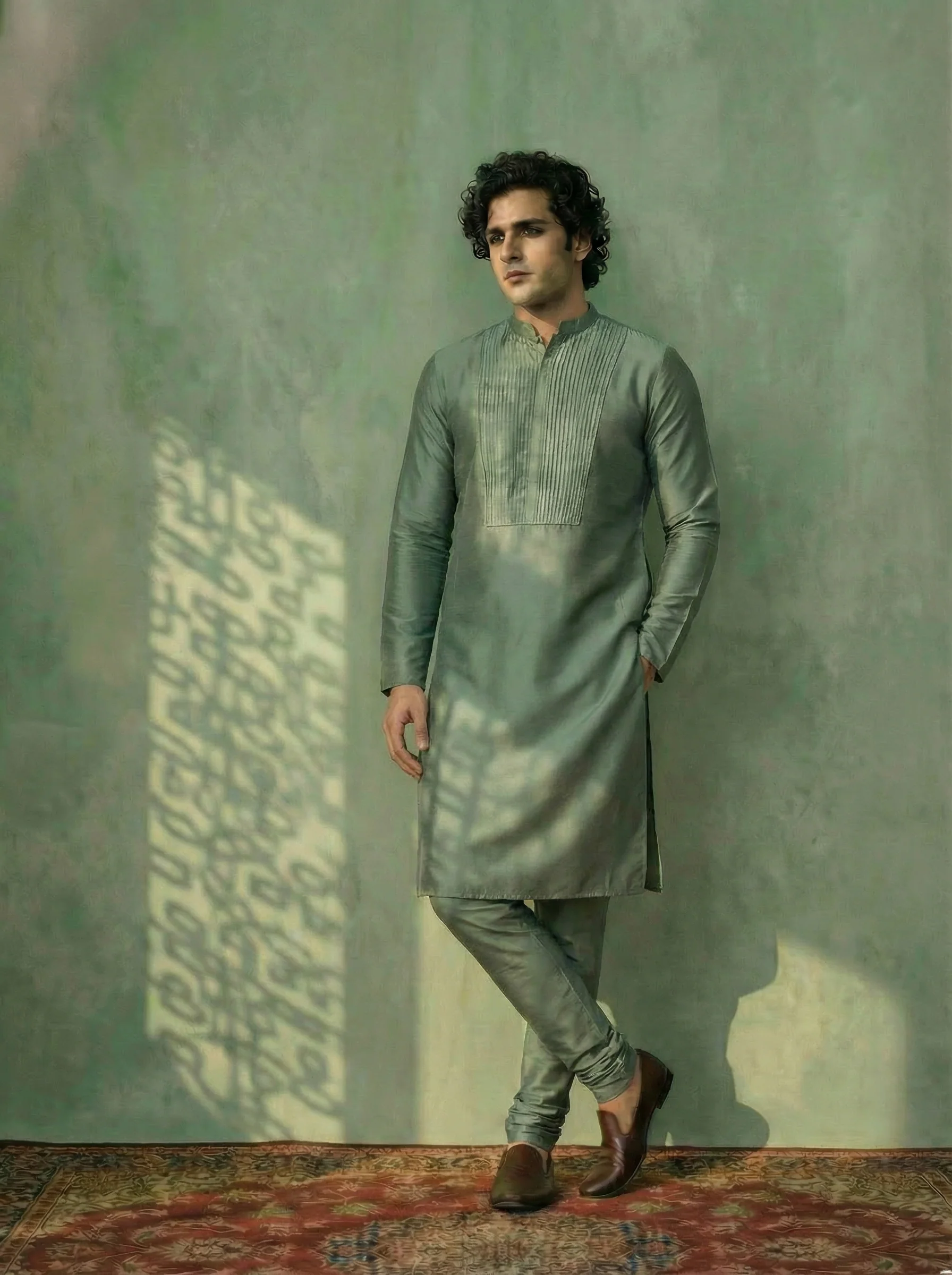 Green Cotton Blend Embellished Kurta Churidar Set