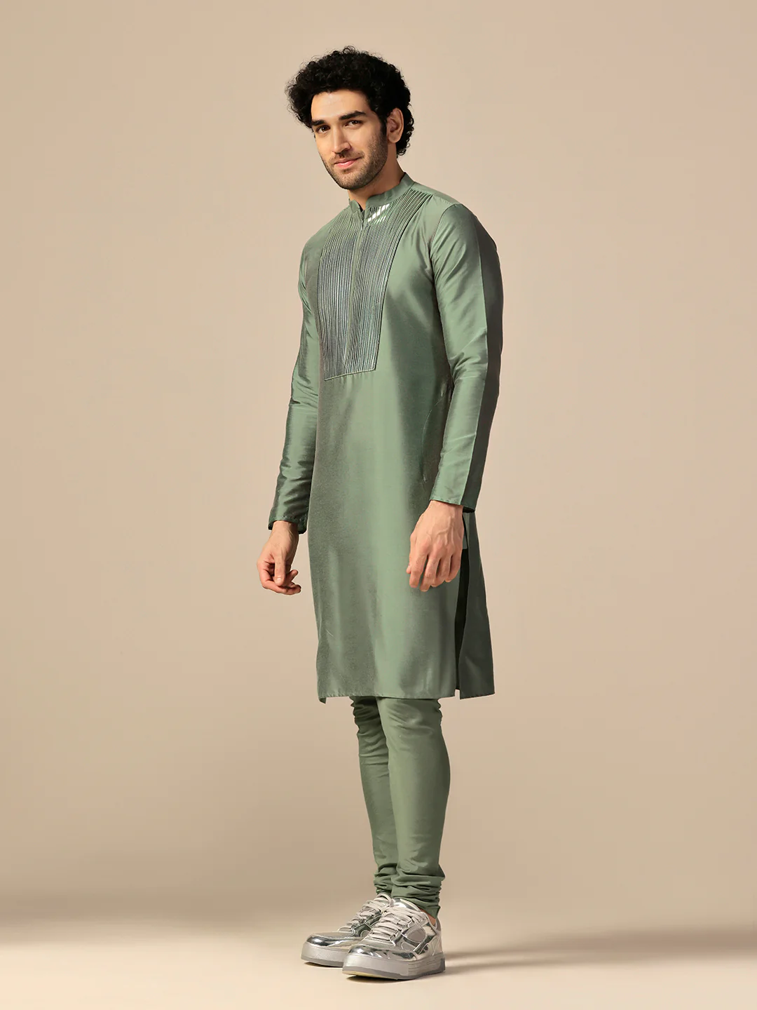 Green Cotton Blend Embellished Kurta Churidar Set - Image 2