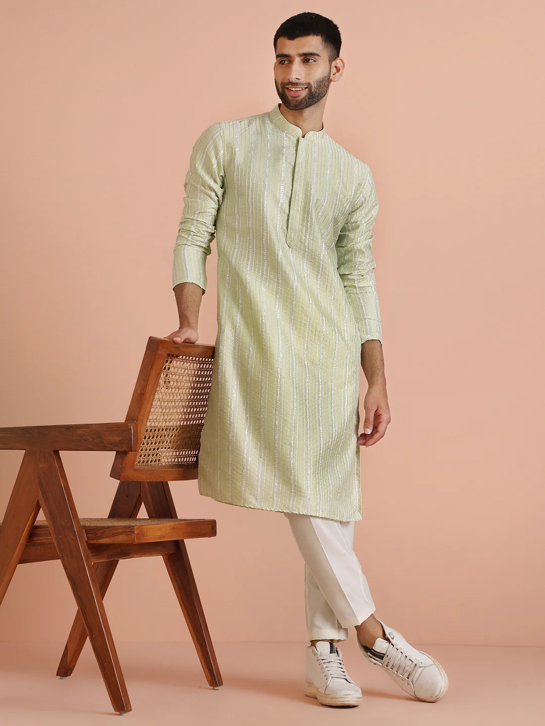Green Cotton Blend Embroidered Kurta Trouser Set - Image 7