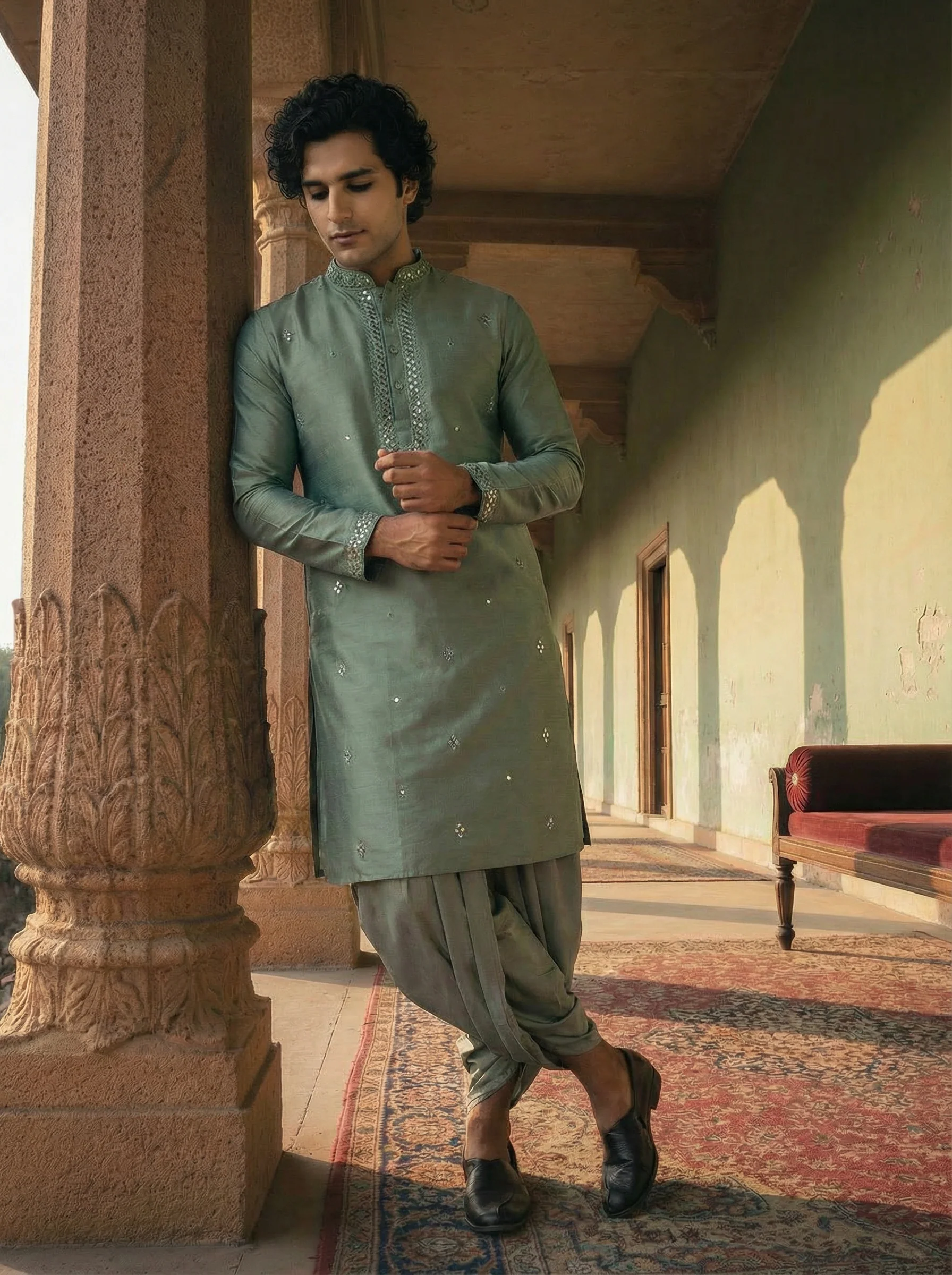 Green Cotton Blend Mirror Work Kurta Dhoti Set