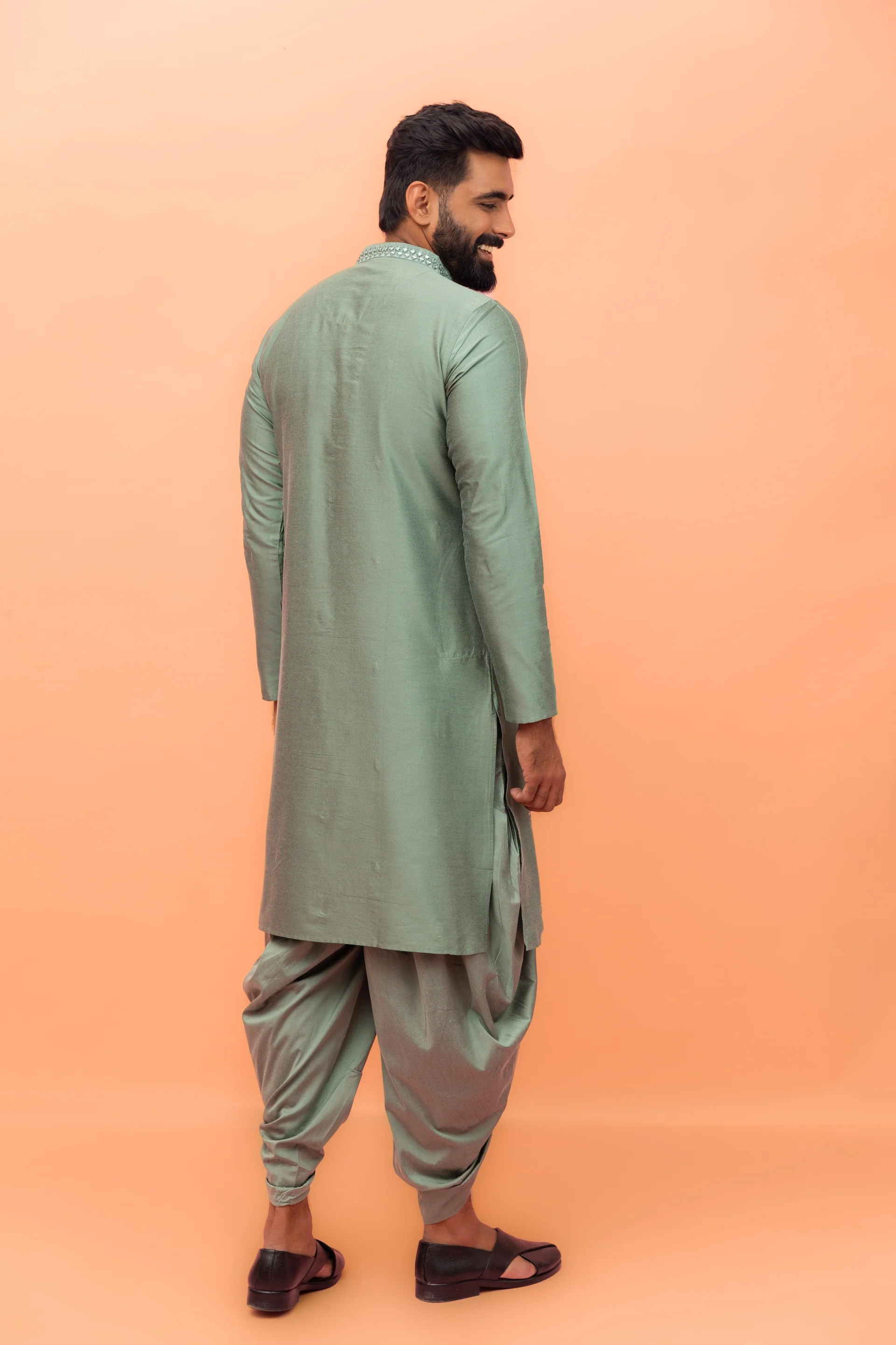 Green Cotton Blend Mirror Work Kurta Dhoti Set - Image 4