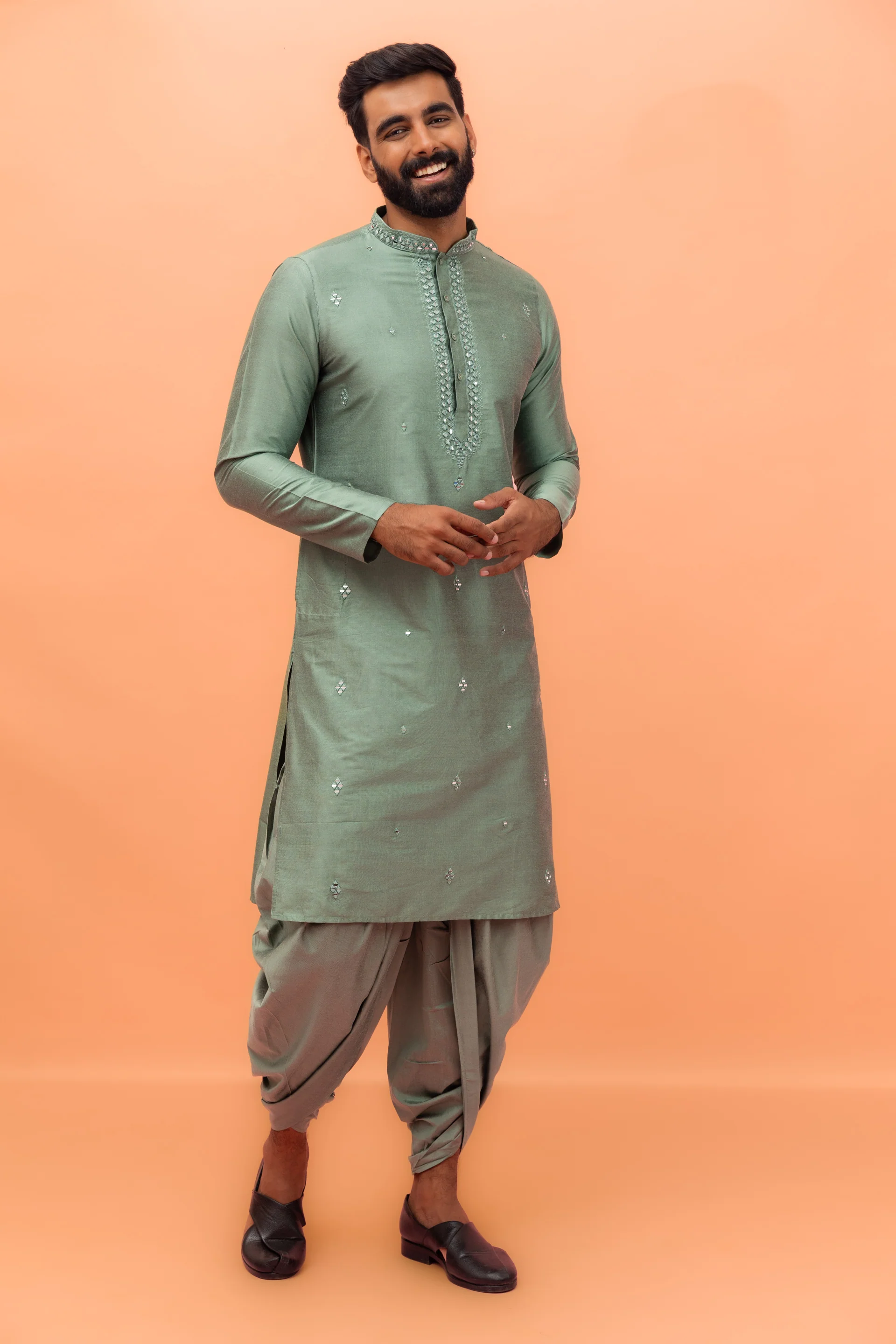 Green Cotton Blend Mirror Work Kurta Dhoti Set - Image 8