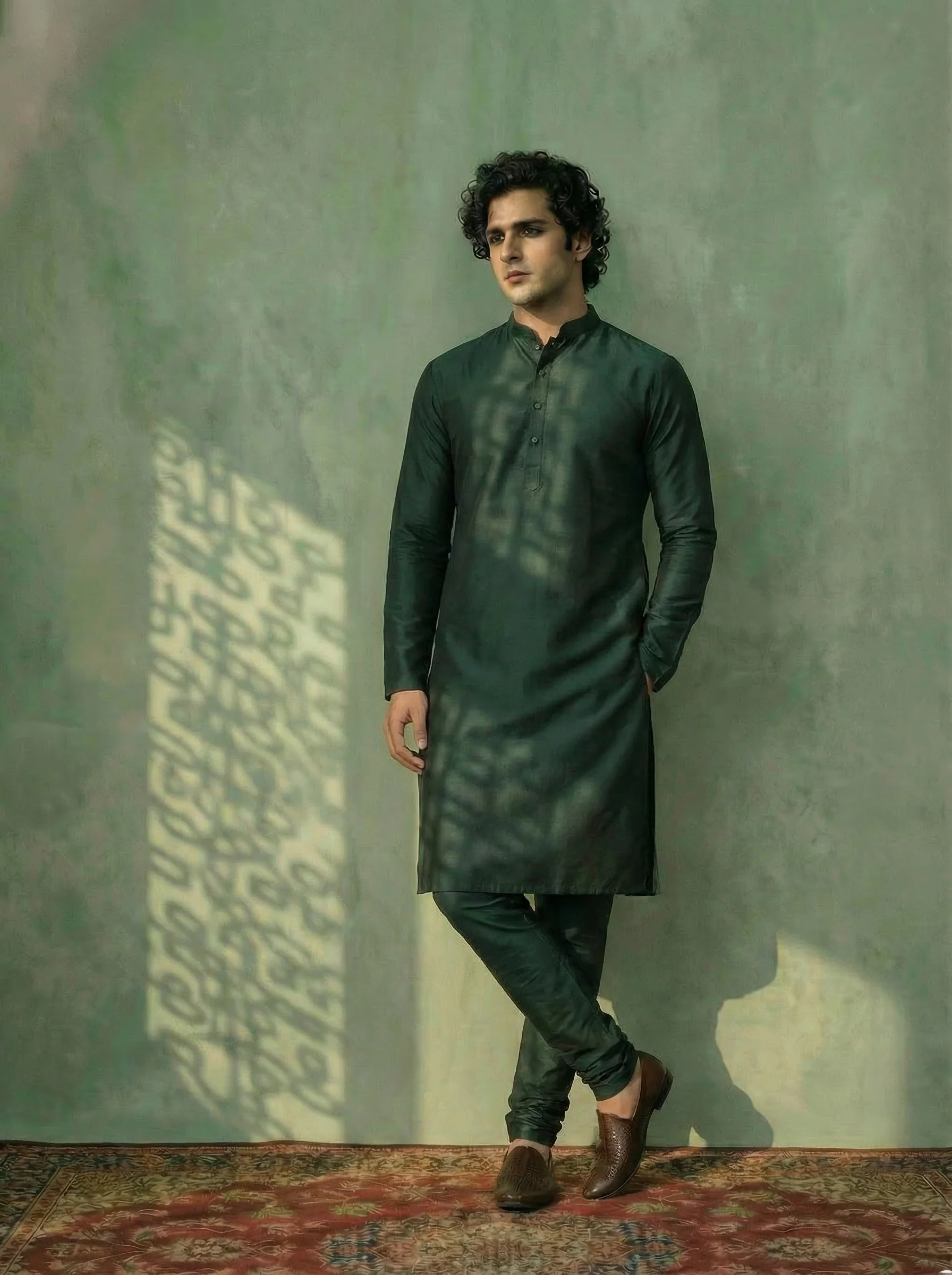 Green Cotton Blend Solid Kurta Churidar Set