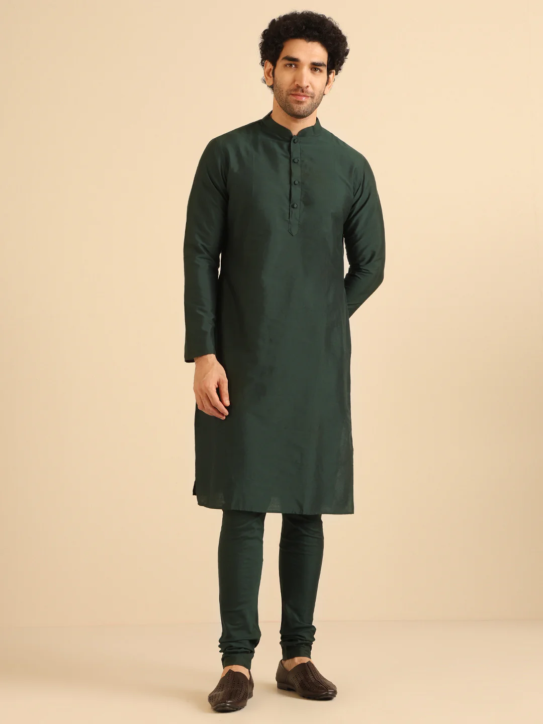 Green Cotton Blend Solid Kurta Churidar Set - Image 8