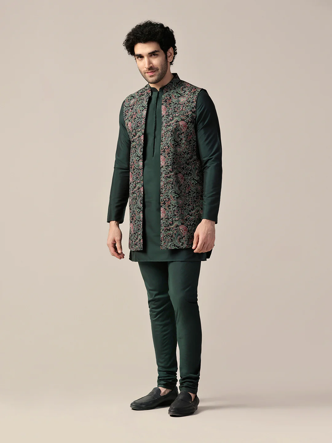 Green Cotton Printed Mid Kurta Front Open Jacket Churidar Set - Image 3