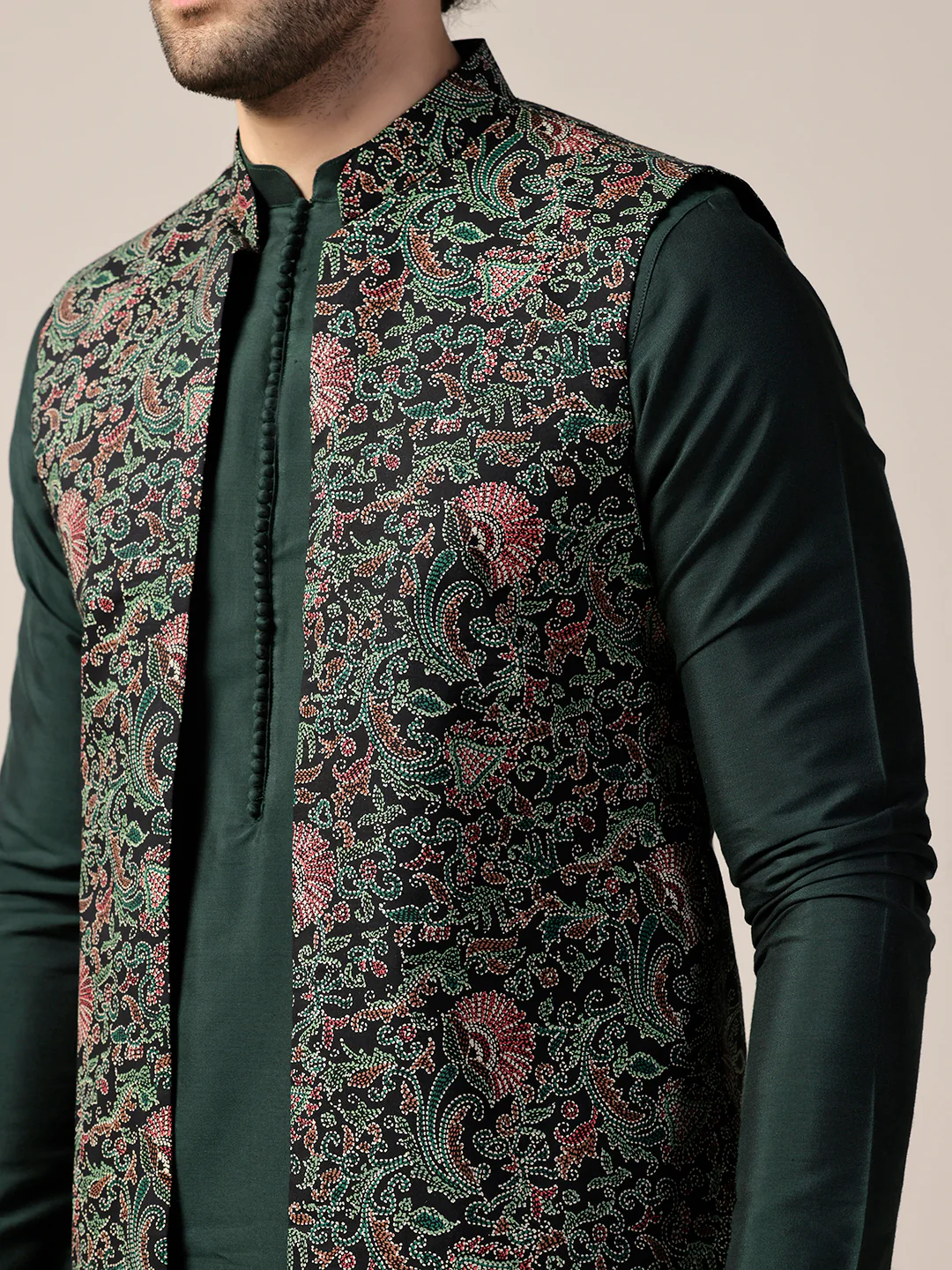 Green Cotton Printed Mid Kurta Front Open Jacket Churidar Set - Image 5