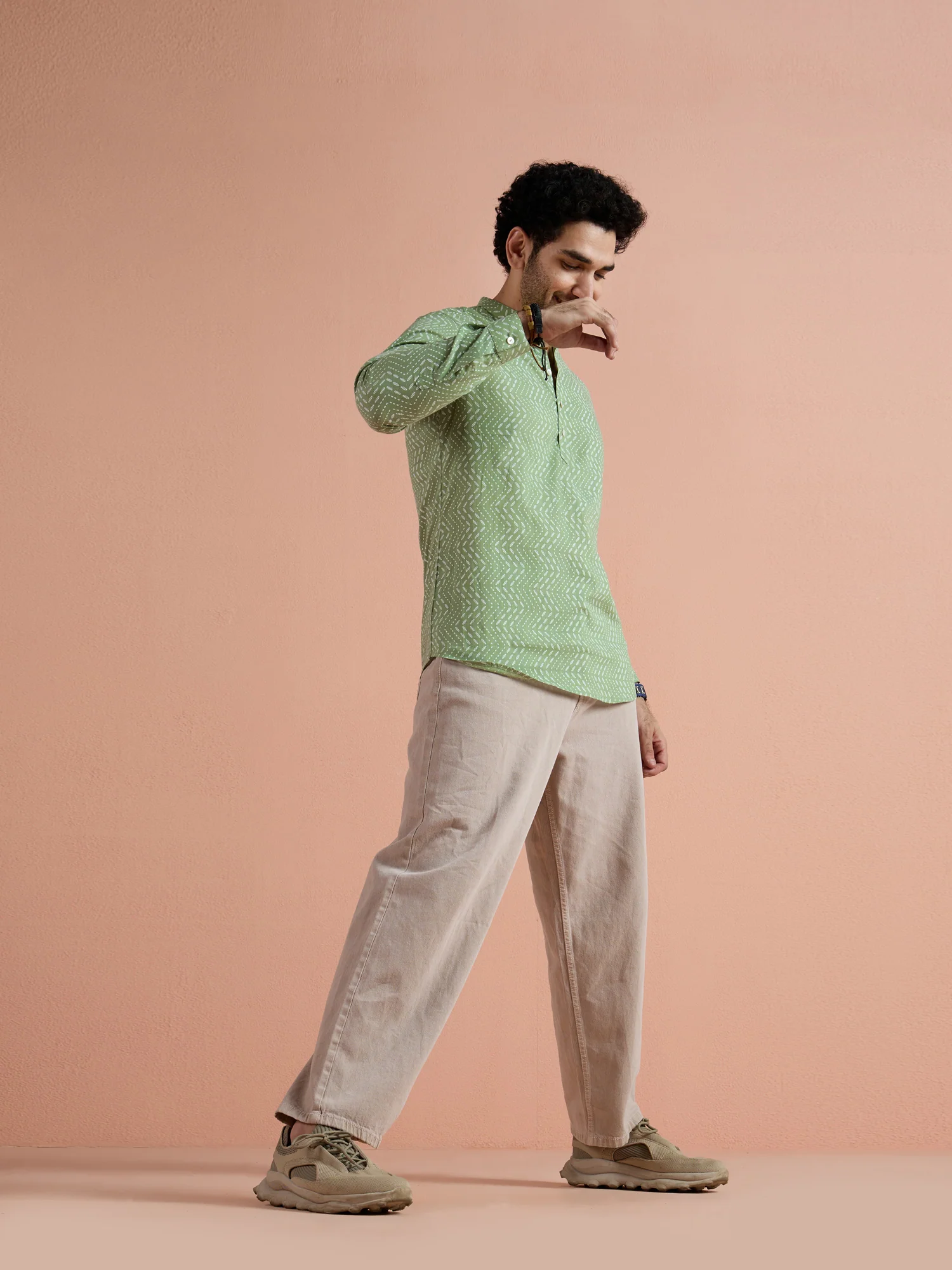 Green Cotton Printed Short Kurta - Image 2