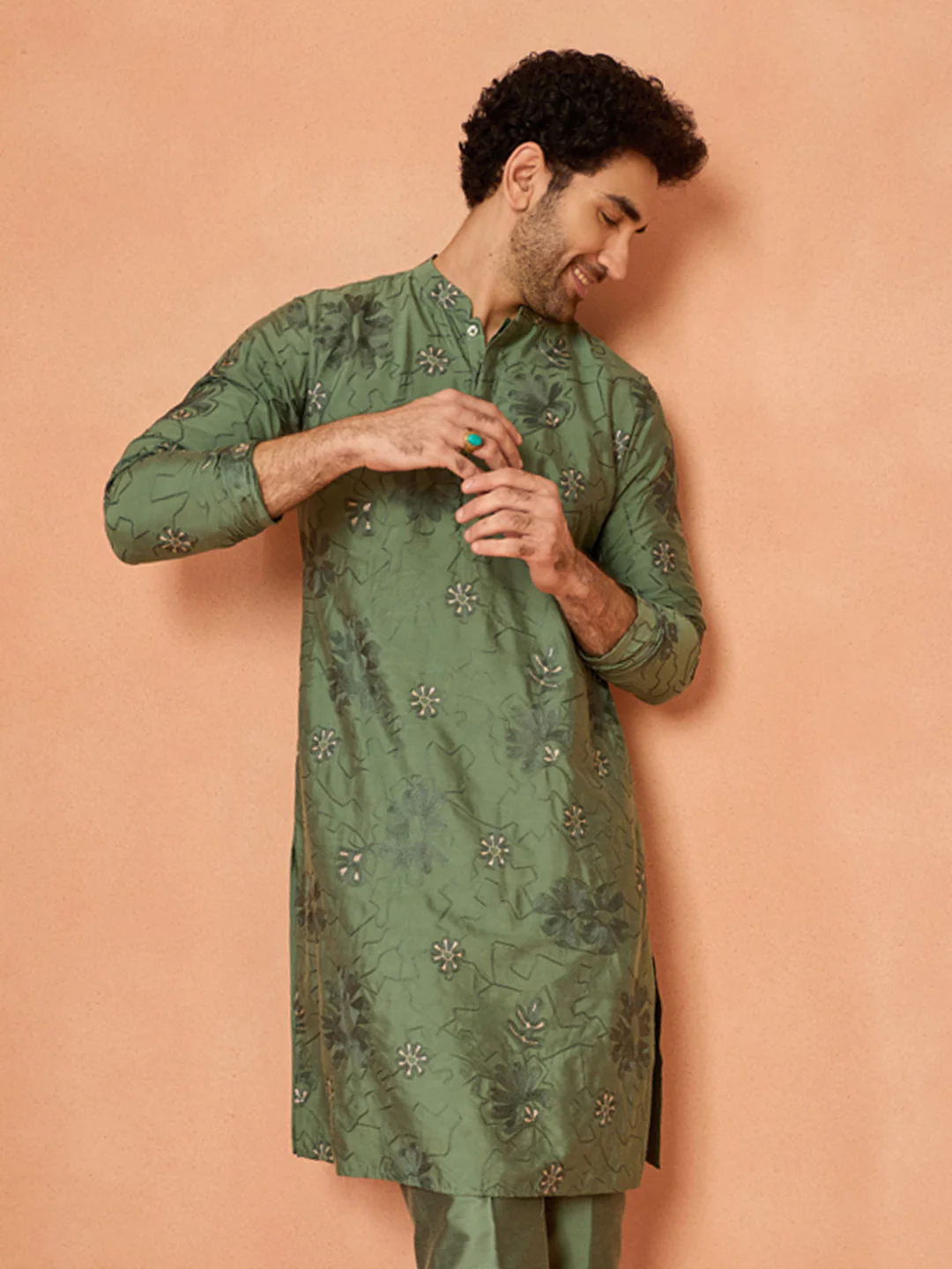 Green Floral Embroidered Kurta Set - Image 8