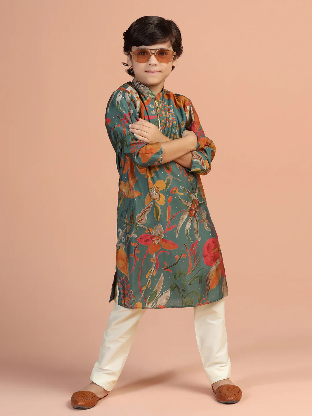 Green Floral Print Kids Kurta - Image 3