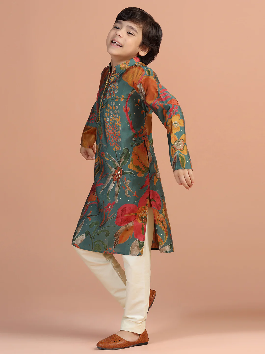 Green Floral Print Kids Kurta Set - Image 2