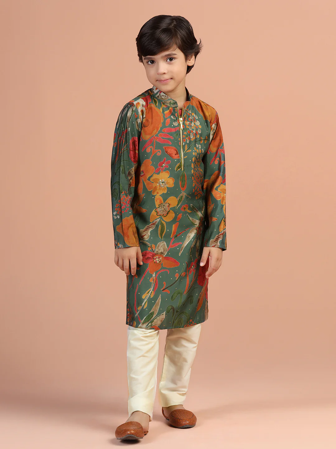 Green Floral Print Kids Kurta Set - Image 3