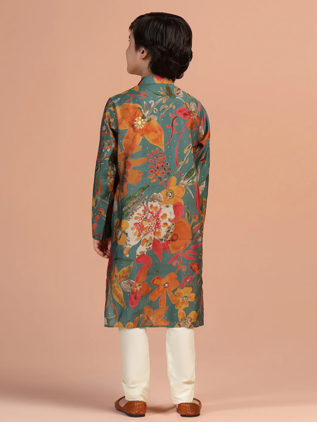 Green Floral Print Kids Kurta Set - Image 4