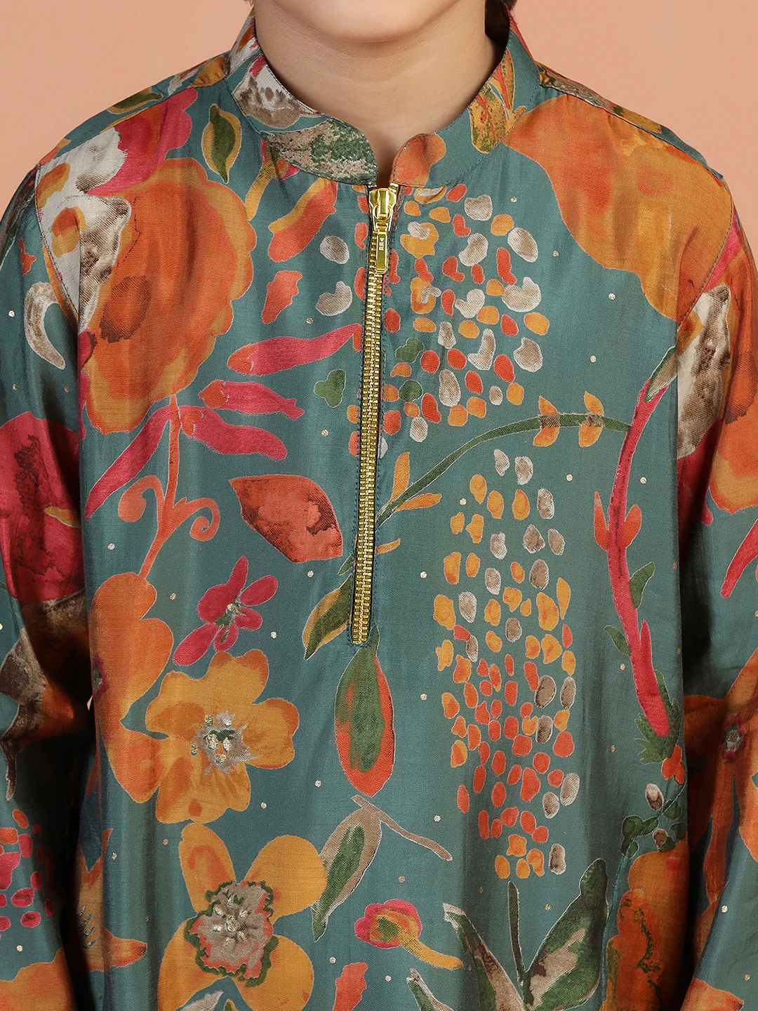 Green Floral Print Kids Kurta Set - Image 5