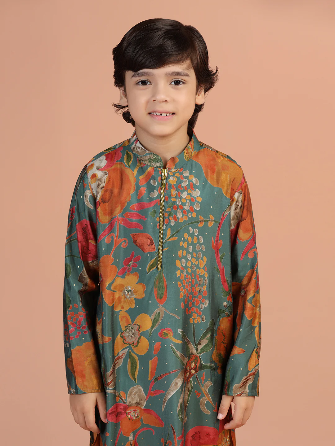 Green Floral Print Kids Kurta Set - Image 7