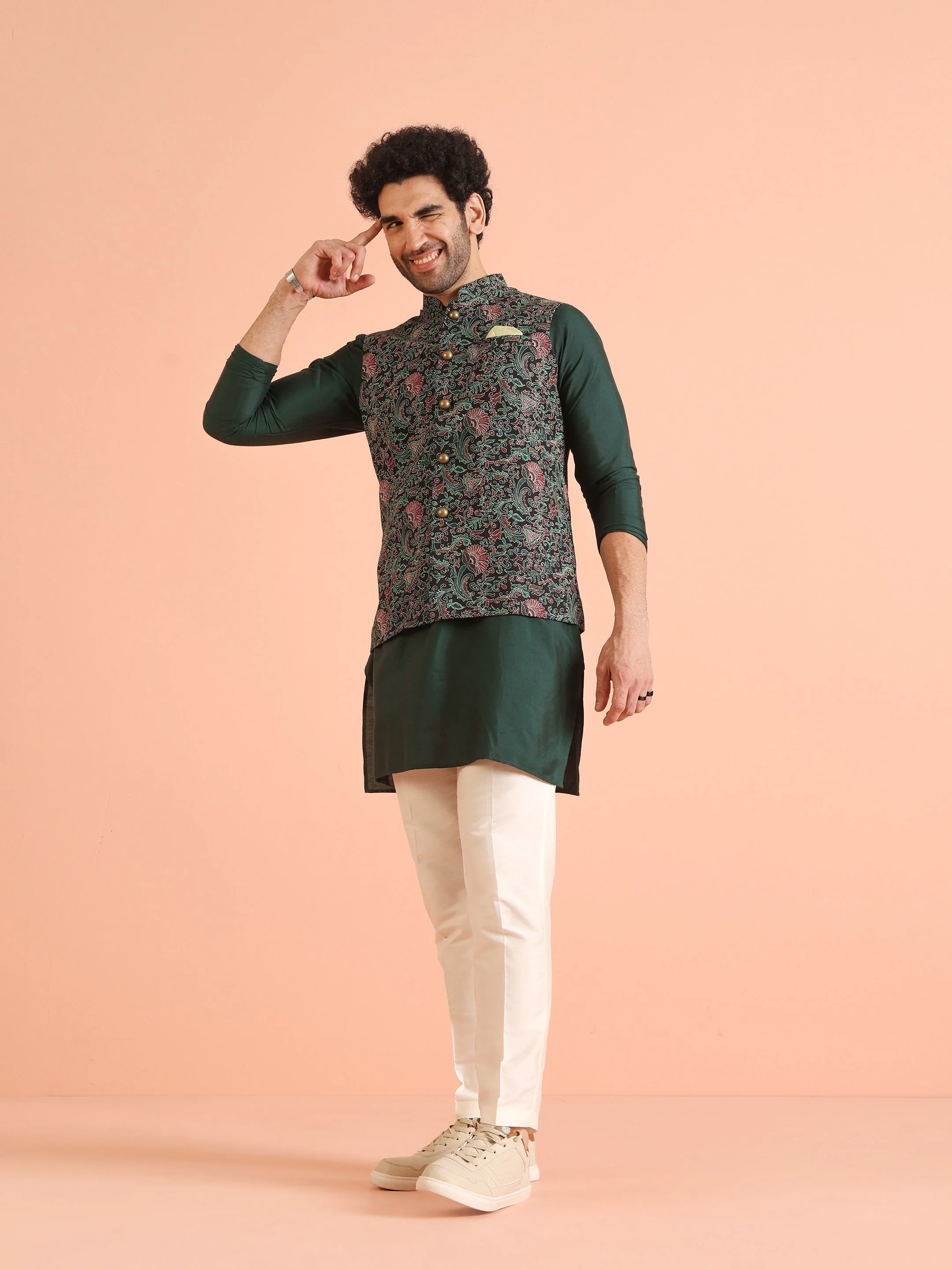 Green Multi Kantha Print Jacket Kurta Trouser Set - Image 8
