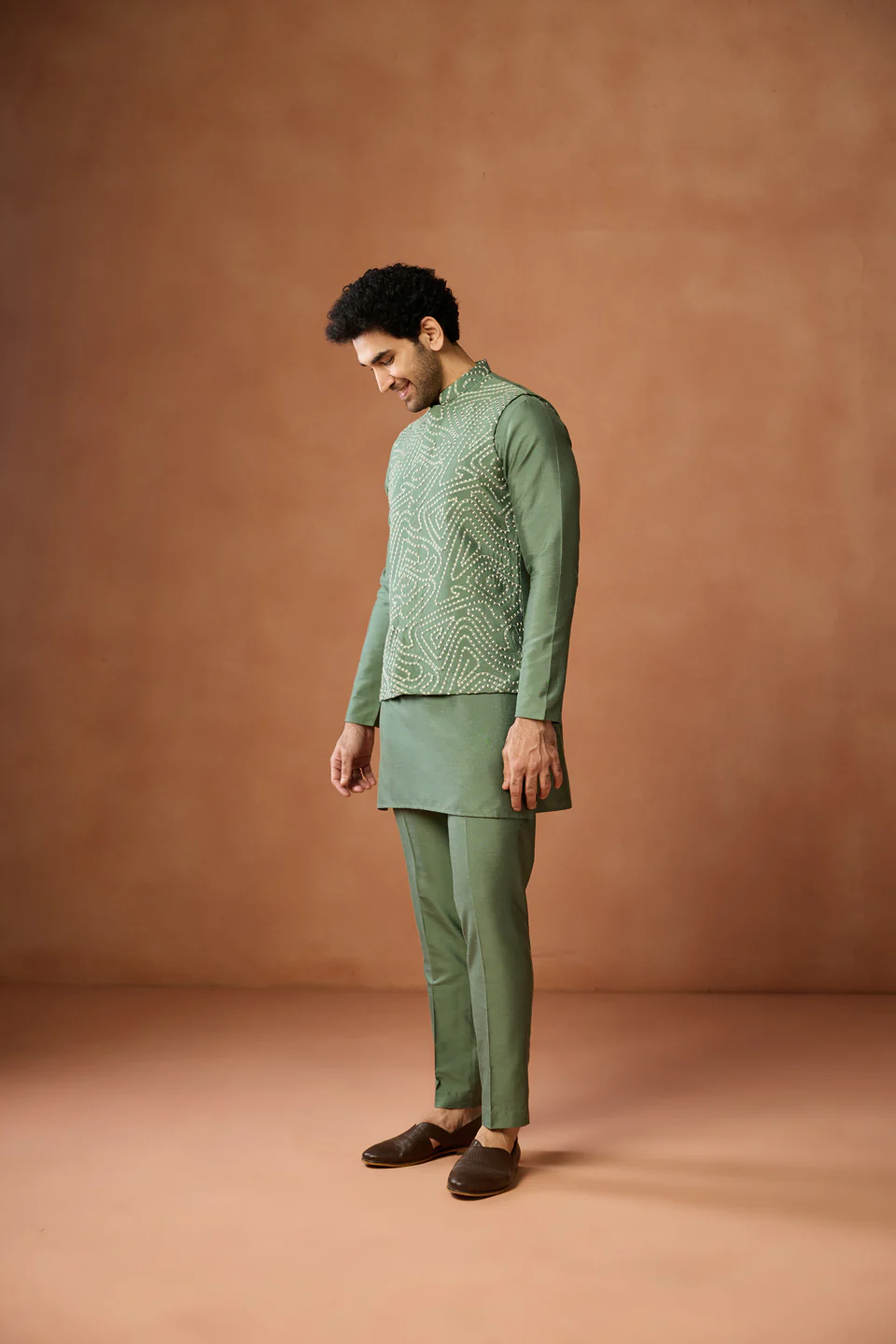 Green Nehru Jacket – Silk Blend with Geometric Dotted Embroidery – Festive & Wedding Bundi - Image 2