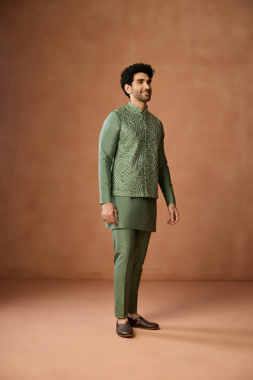 Green Nehru Jacket – Silk Blend with Geometric Dotted Embroidery – Festive & Wedding Bundi - Image 3