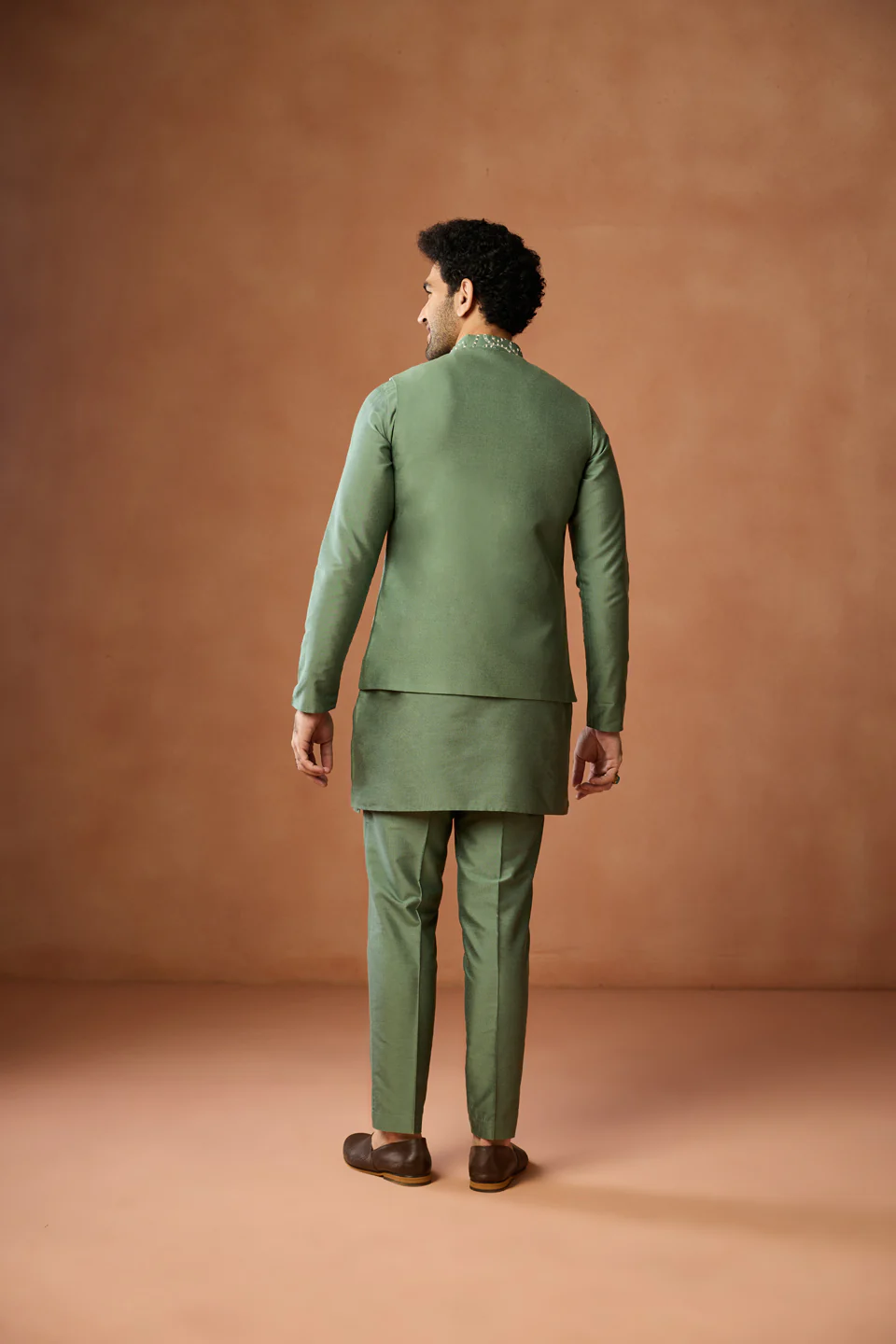 Green Nehru Jacket – Silk Blend with Geometric Dotted Embroidery – Festive & Wedding Bundi - Image 4