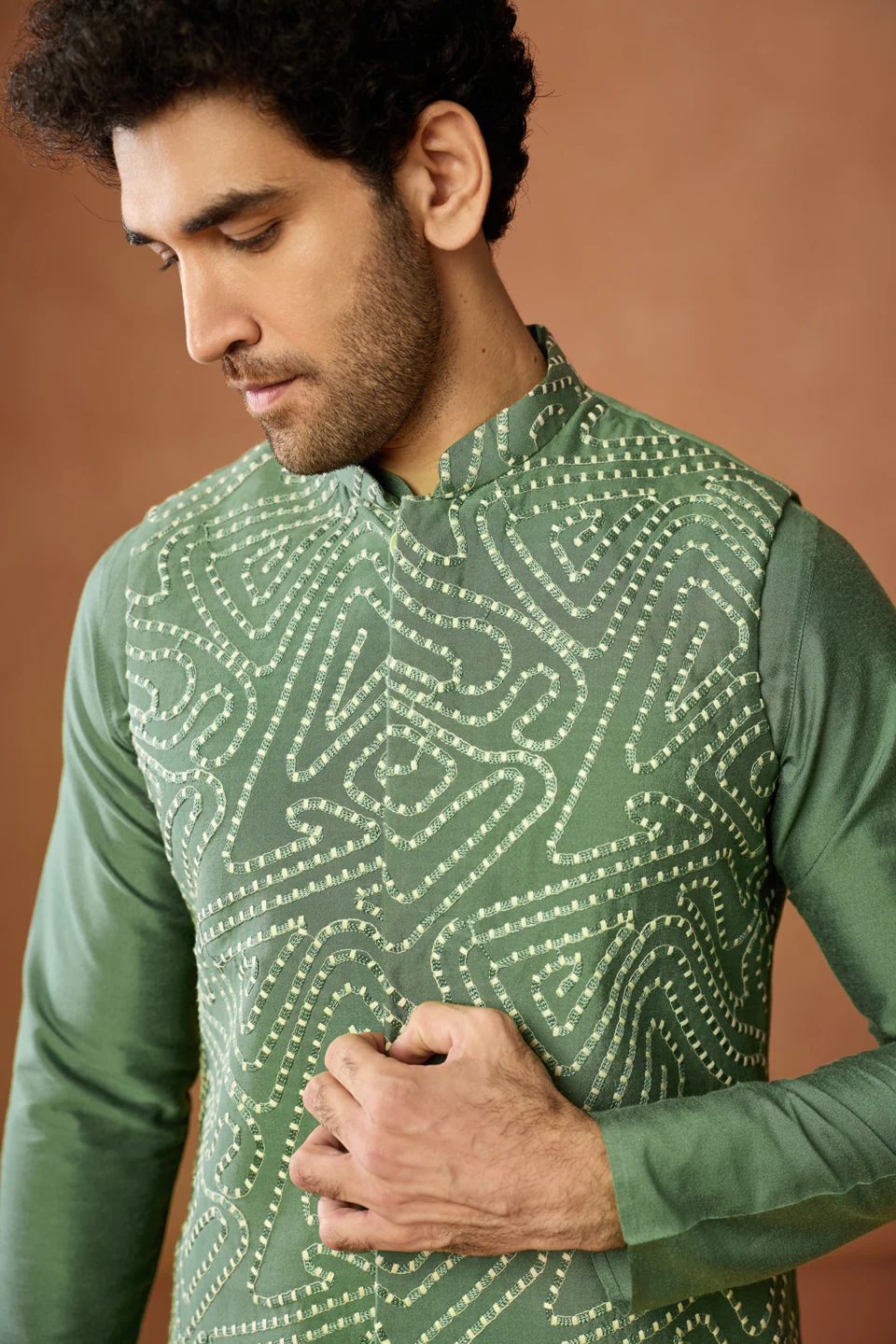 Green Nehru Jacket – Silk Blend with Geometric Dotted Embroidery – Festive & Wedding Bundi - Image 5