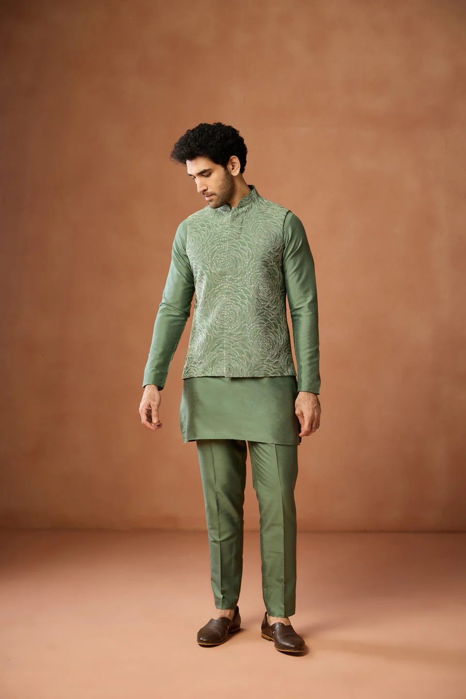 Green Nehru Jacket – Silk Blend with Geometric Dotted Embroidery – Festive & Wedding Bundi - Image 6