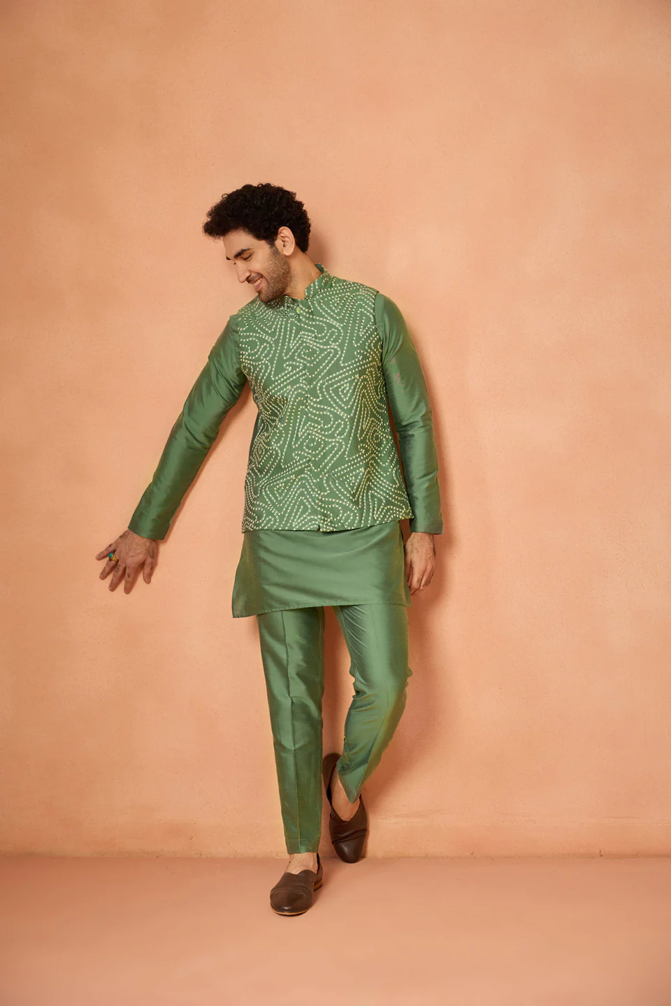 Green Nehru Jacket – Silk Blend with Geometric Dotted Embroidery – Festive & Wedding Bundi - Image 7