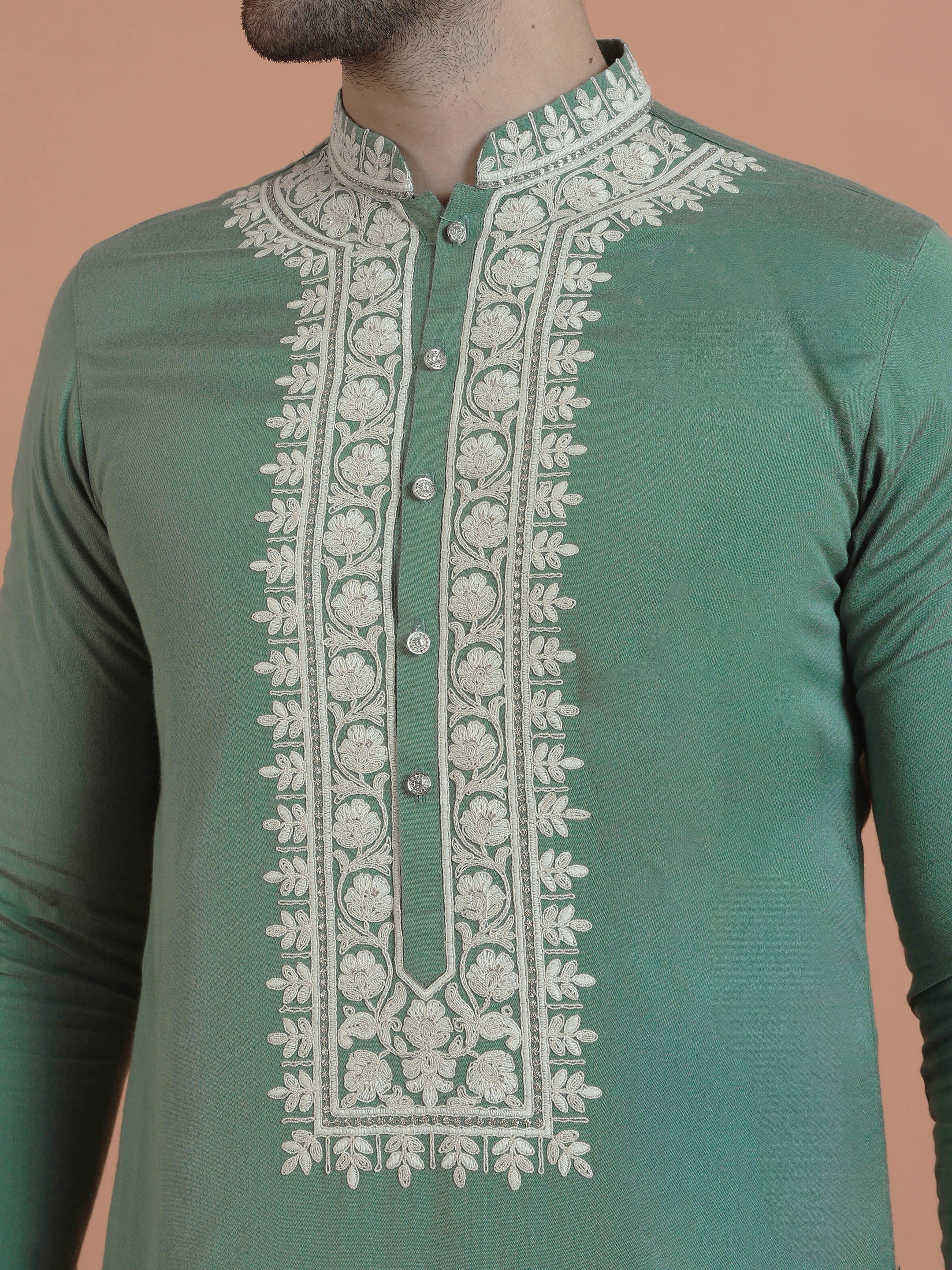 Green Cotton Silk Embroidered Mid Kurta - Image 5
