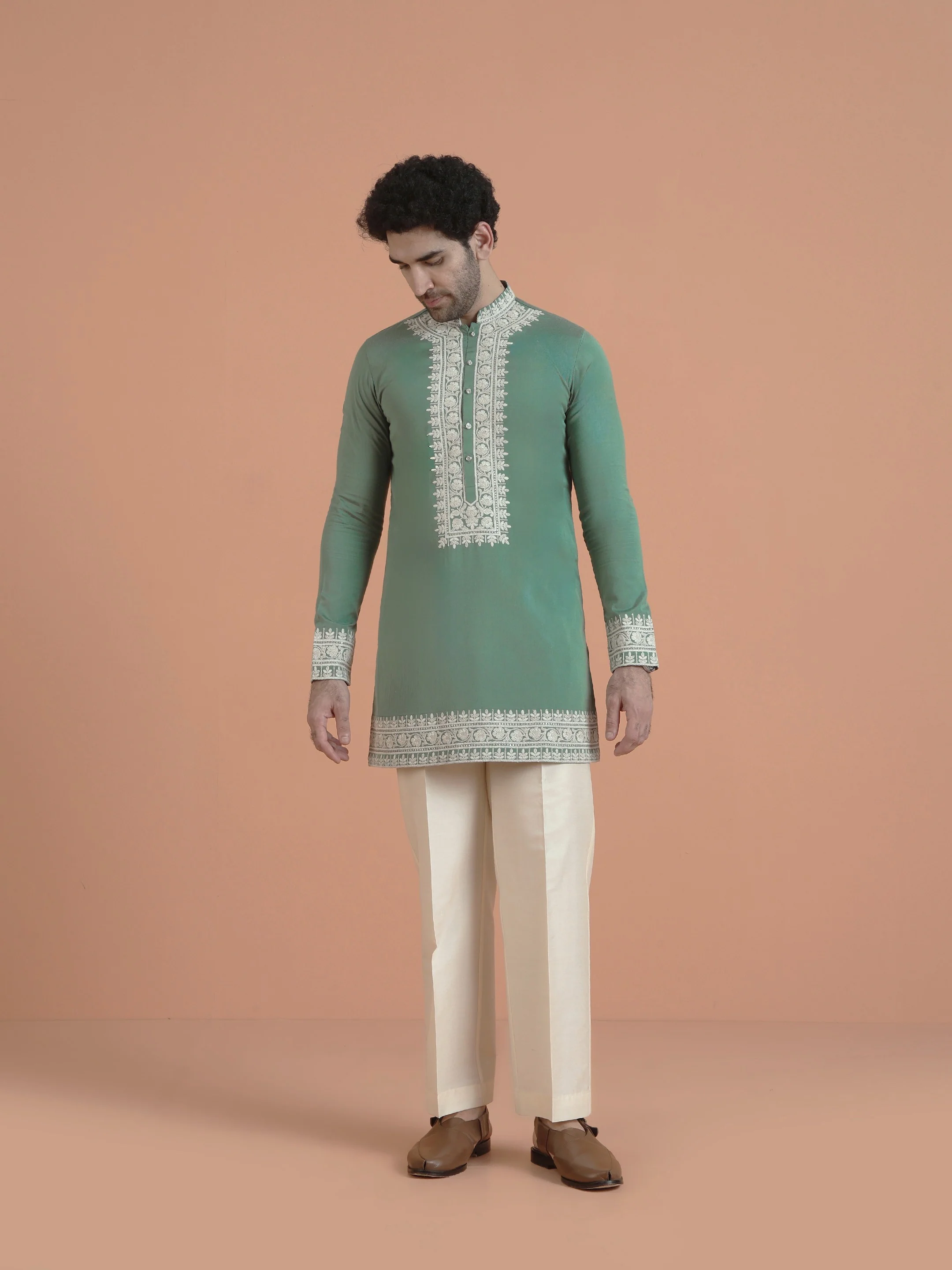 Green Cotton Silk Embroidered Mid Kurta - Image 7