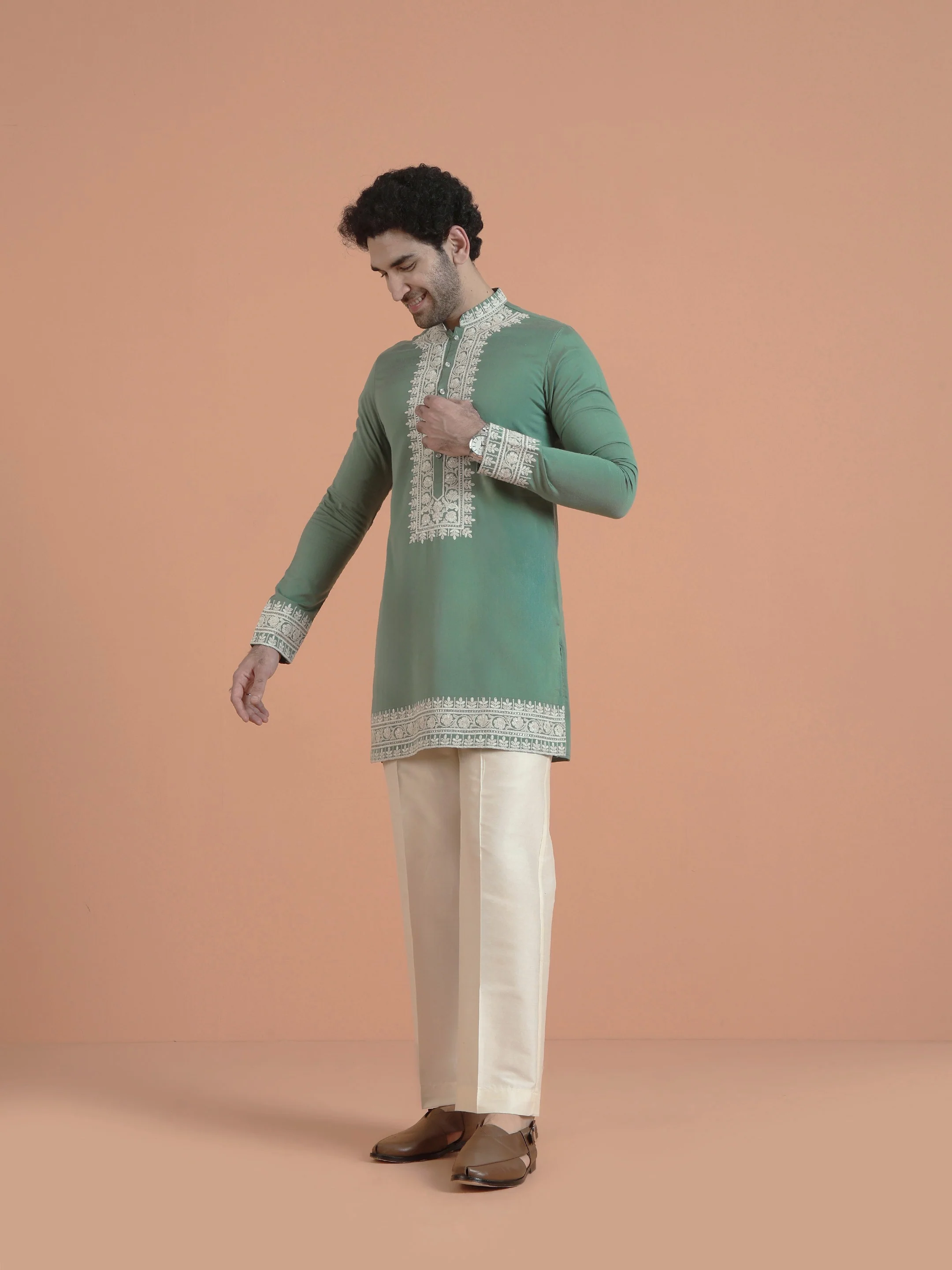 Green Silk Blend Embroidered Kurta Wide Trouser Set - Image 2