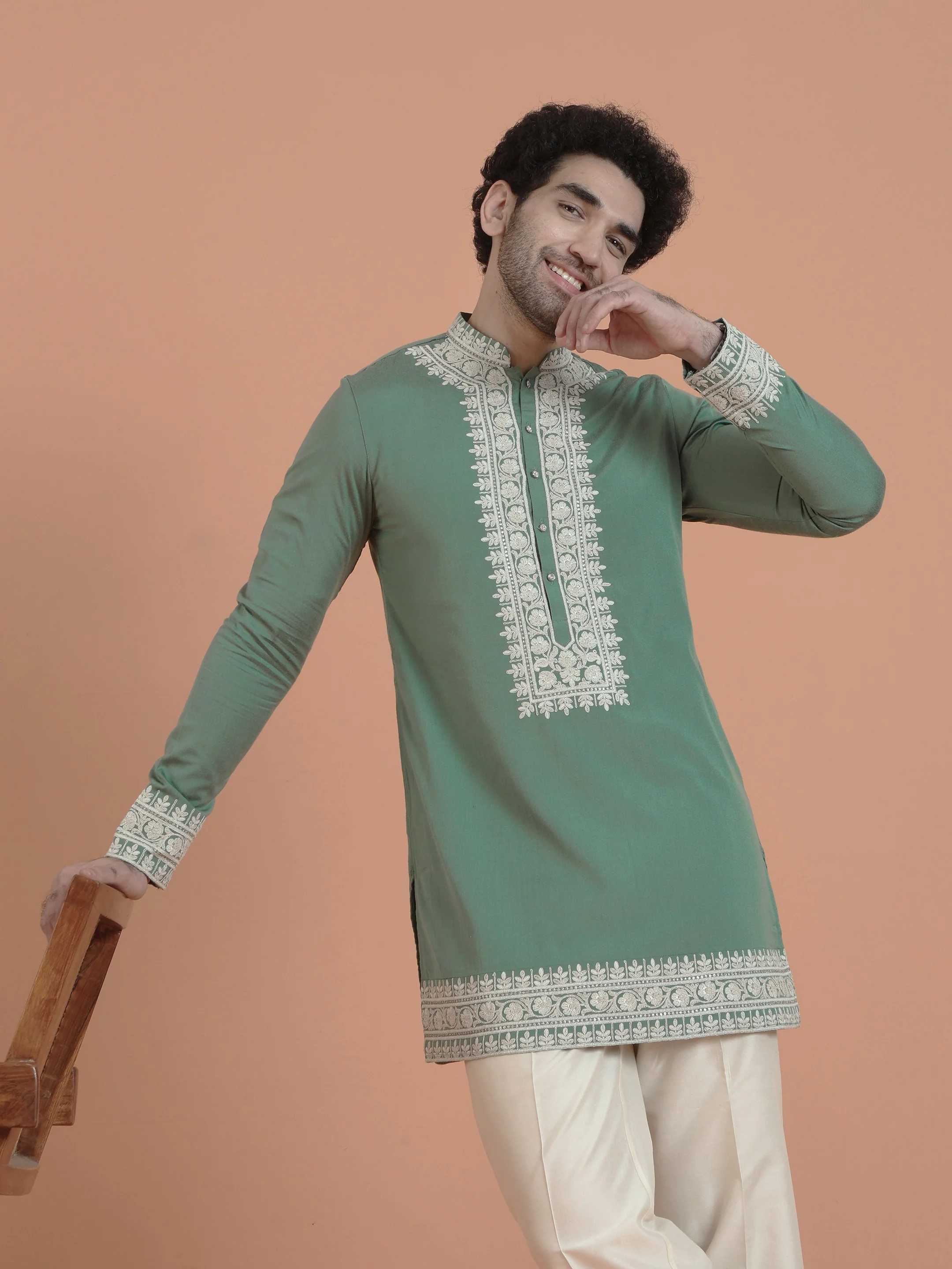 Green Silk Blend Embroidered Kurta Wide Trouser Set - Image 8
