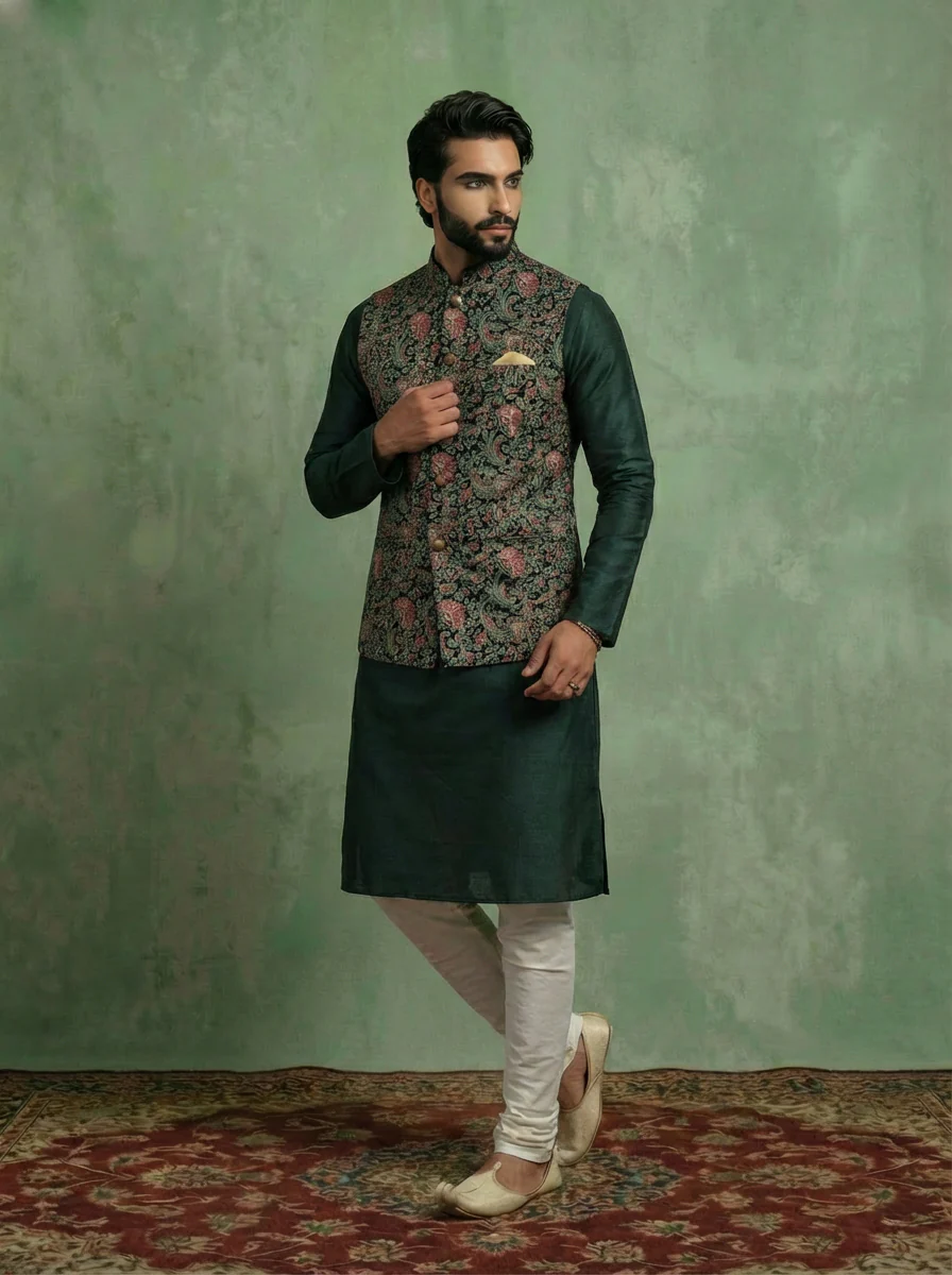 Green Pure Cotton Printed Kurta Jacket Churidar Set