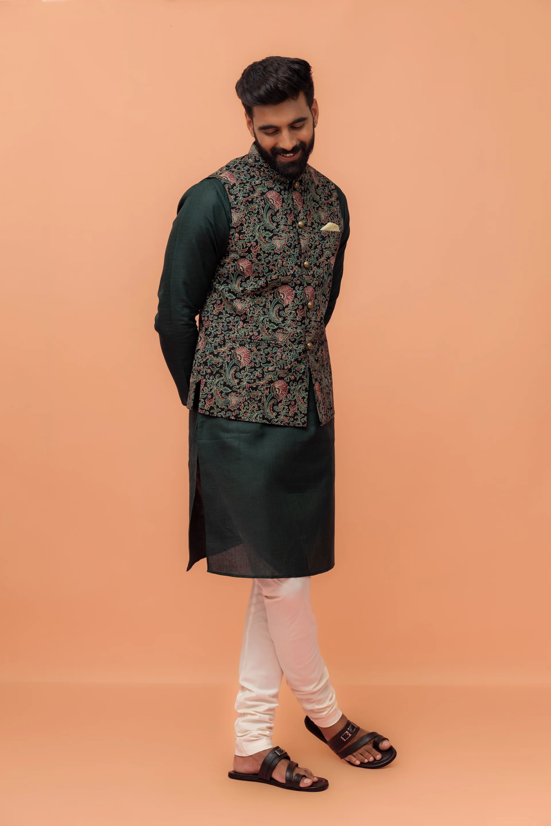 Green Pure Cotton Printed Kurta Jacket Churidar Set - Image 3