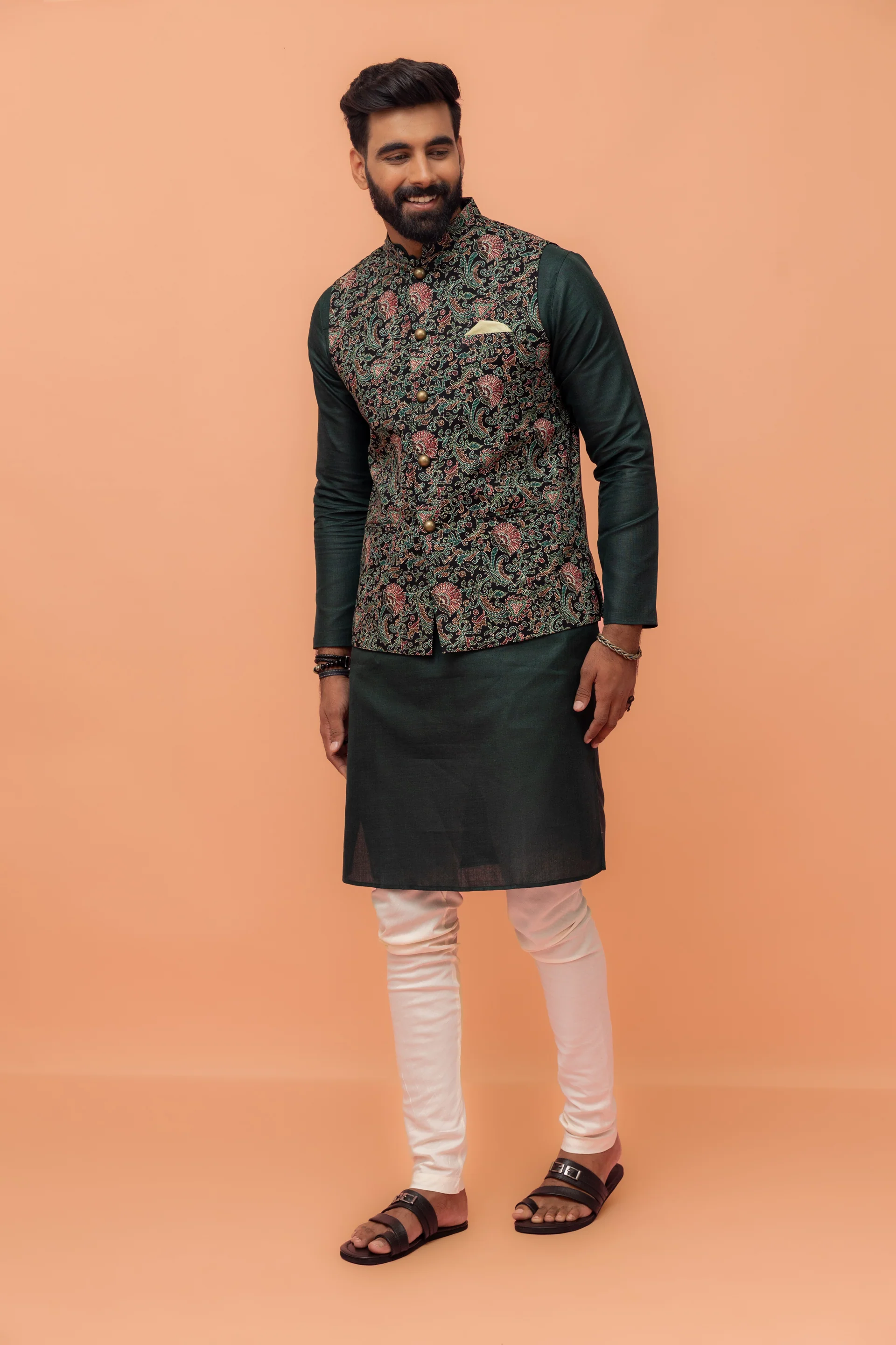 Green Pure Cotton Printed Kurta Jacket Churidar Set - Image 8