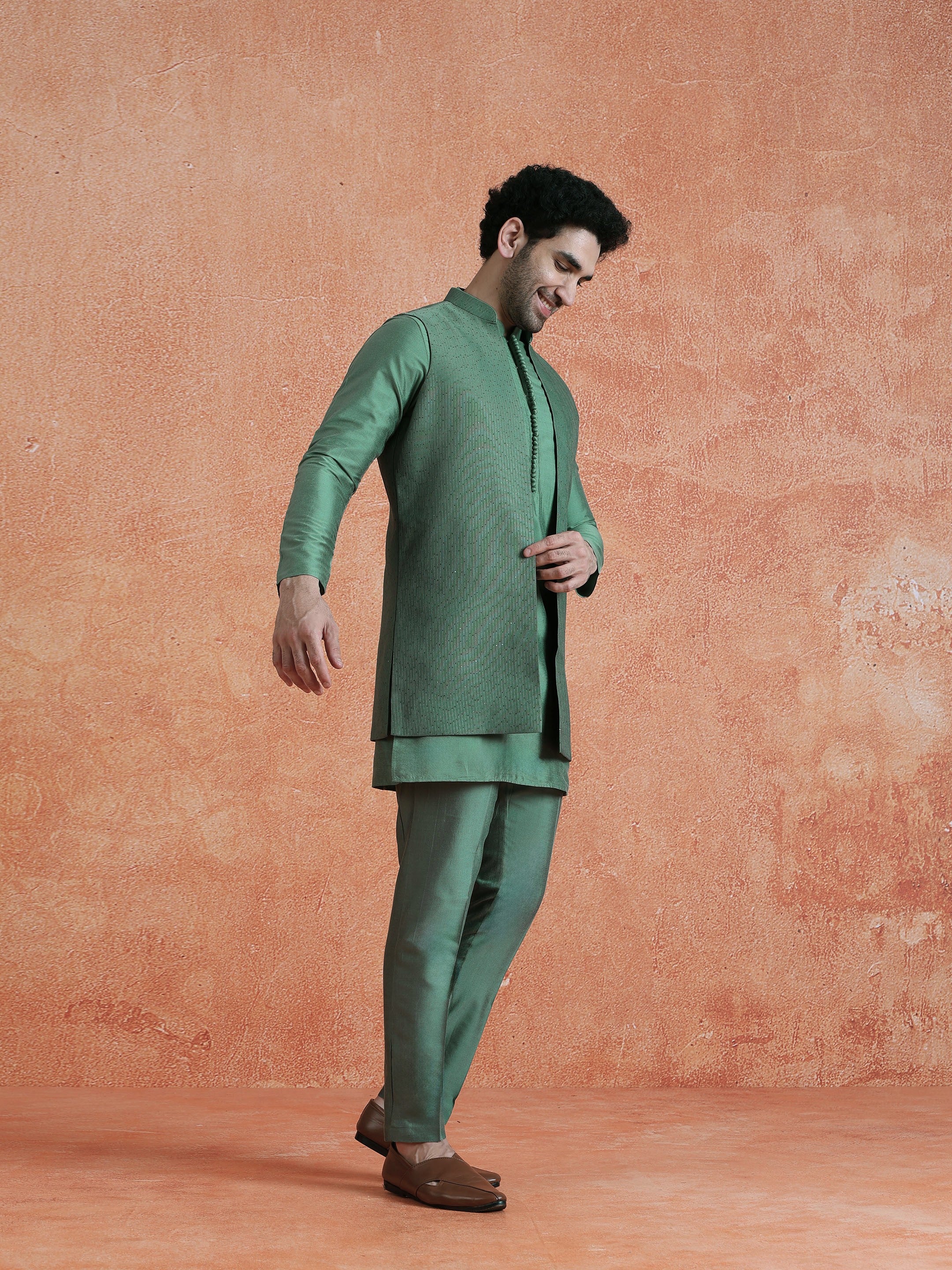 Green Silk Blend Embellished Mid Kurta Front Open Long Jacket Trouser Set - Image 3
