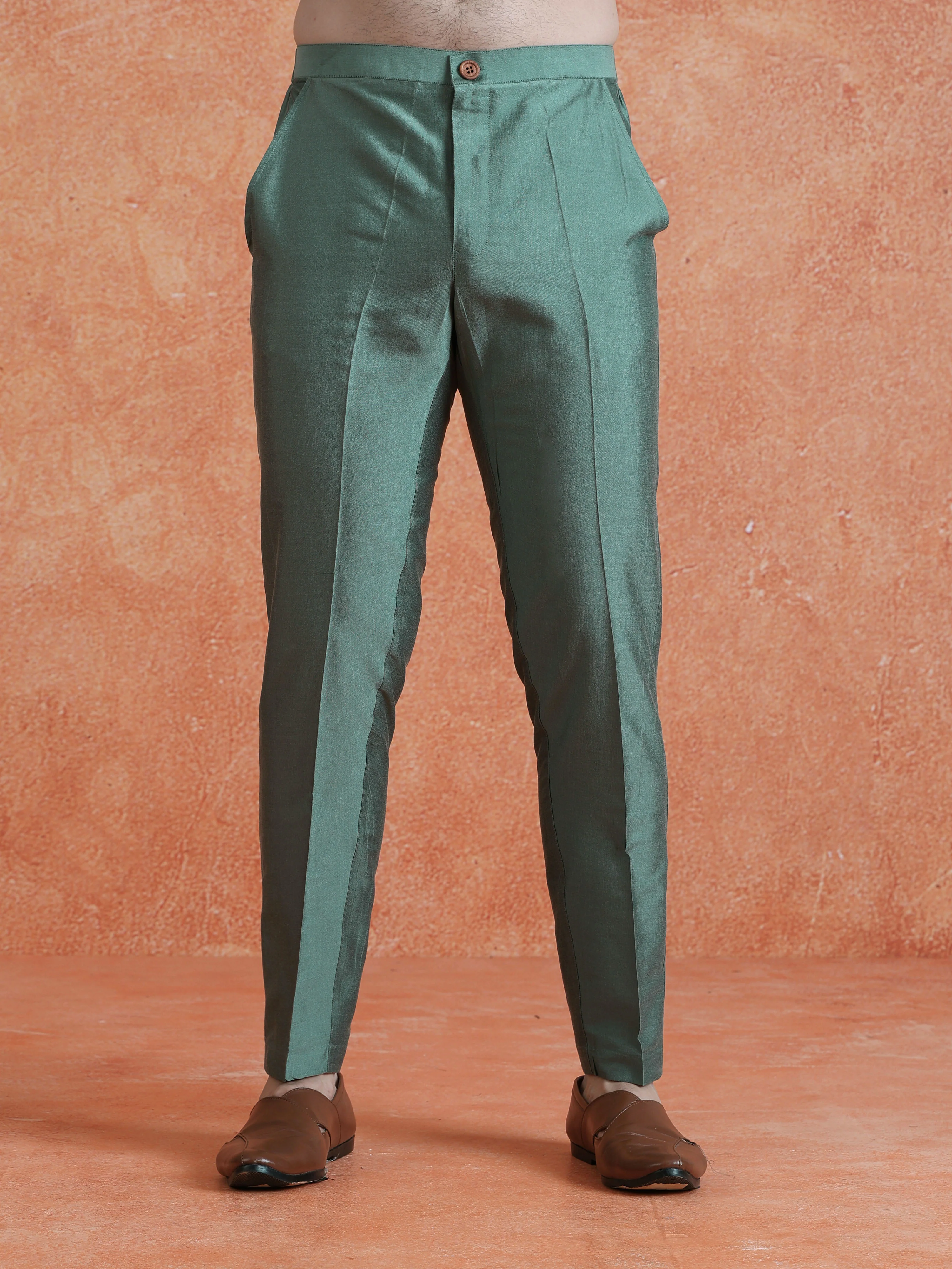 Green Silk Blend Embellished Mid Kurta Front Open Long Jacket Trouser Set - Image 6