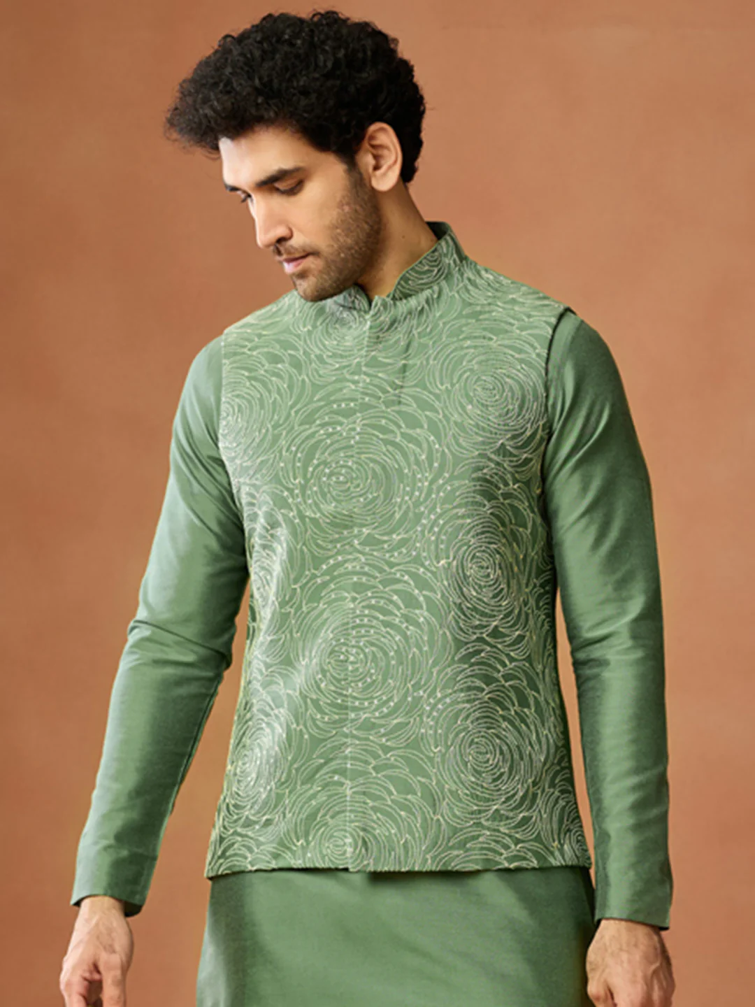 Green Silk Blend Embroidered Jacket Kurta Trouser Set - Image 7