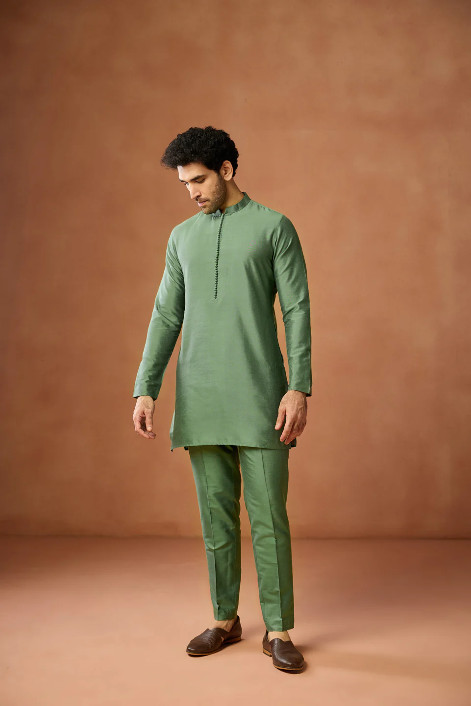 Green Silk Blend Embroidered Jacket Kurta Trouser Set - Image 7