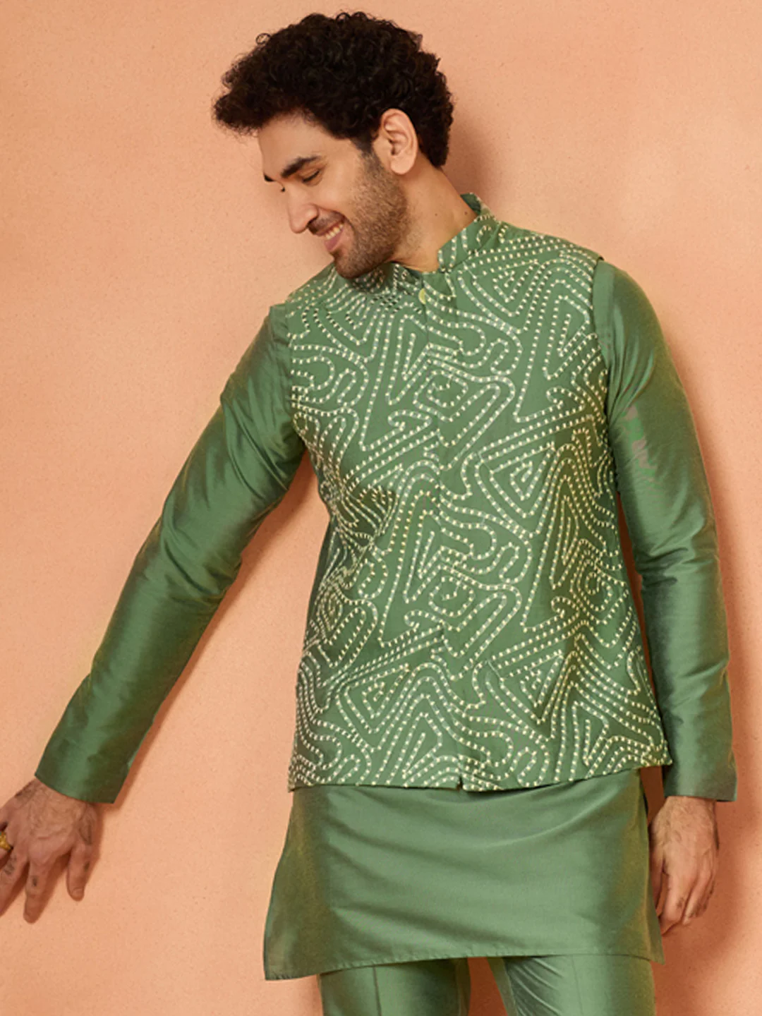 Green Silk Blend Embroidered Jacket Kurta Trouser Set - Image 8