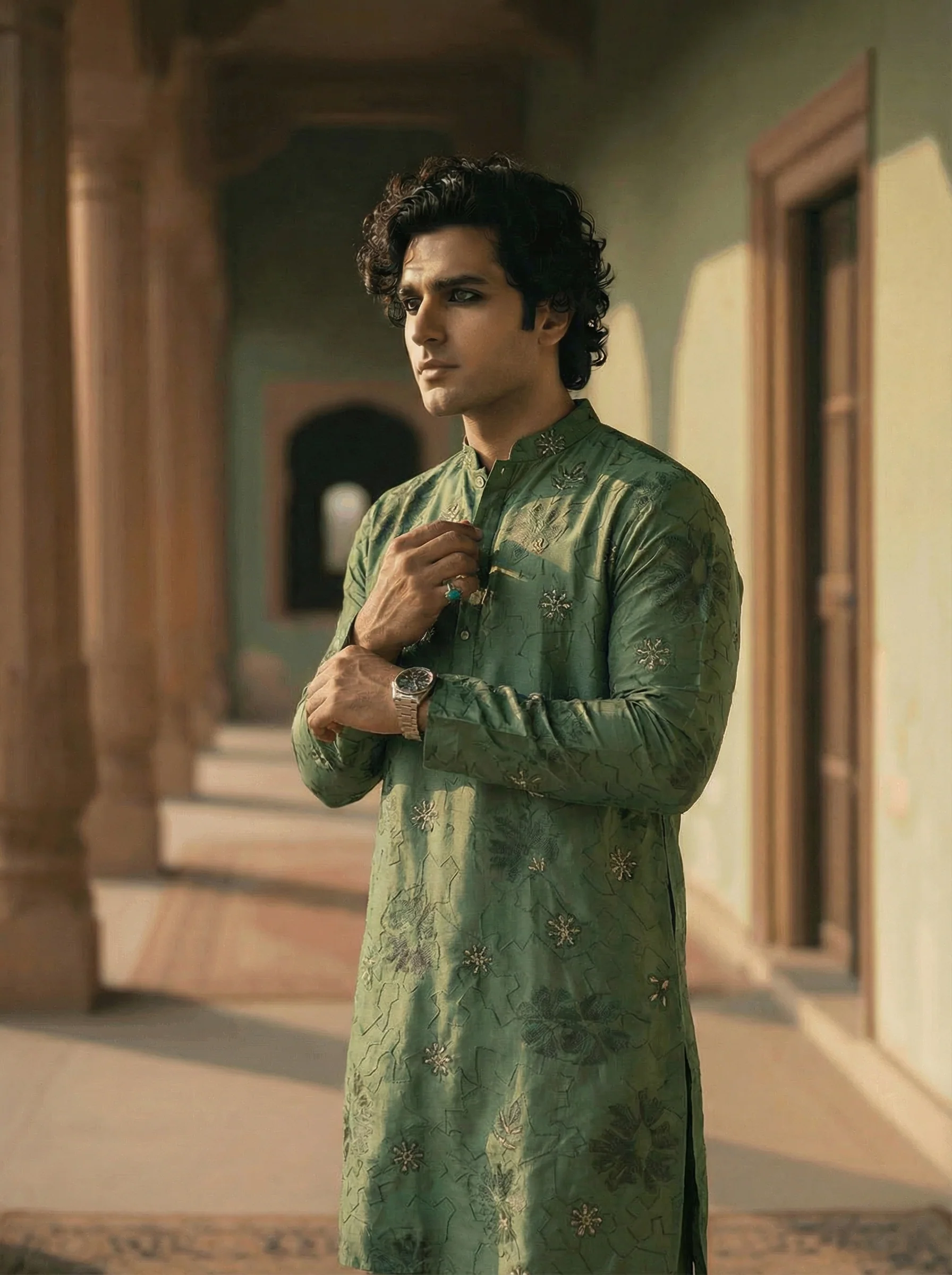 Green Silk Blend Embroidered Kurta Trouser Set
