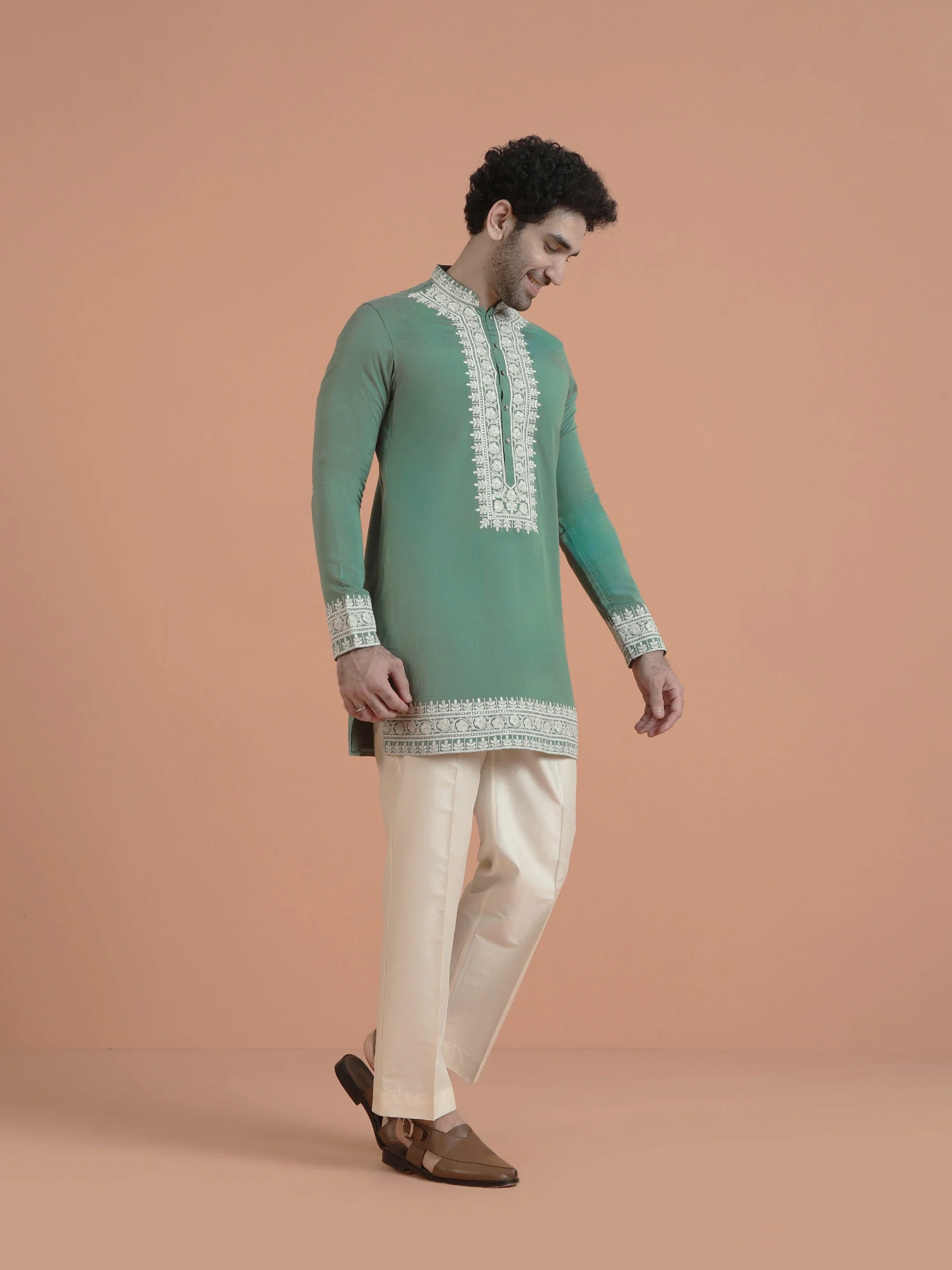 Green Silk Blend Embroidered Mid Kurta Wide Leg Trouser Set - Image 3
