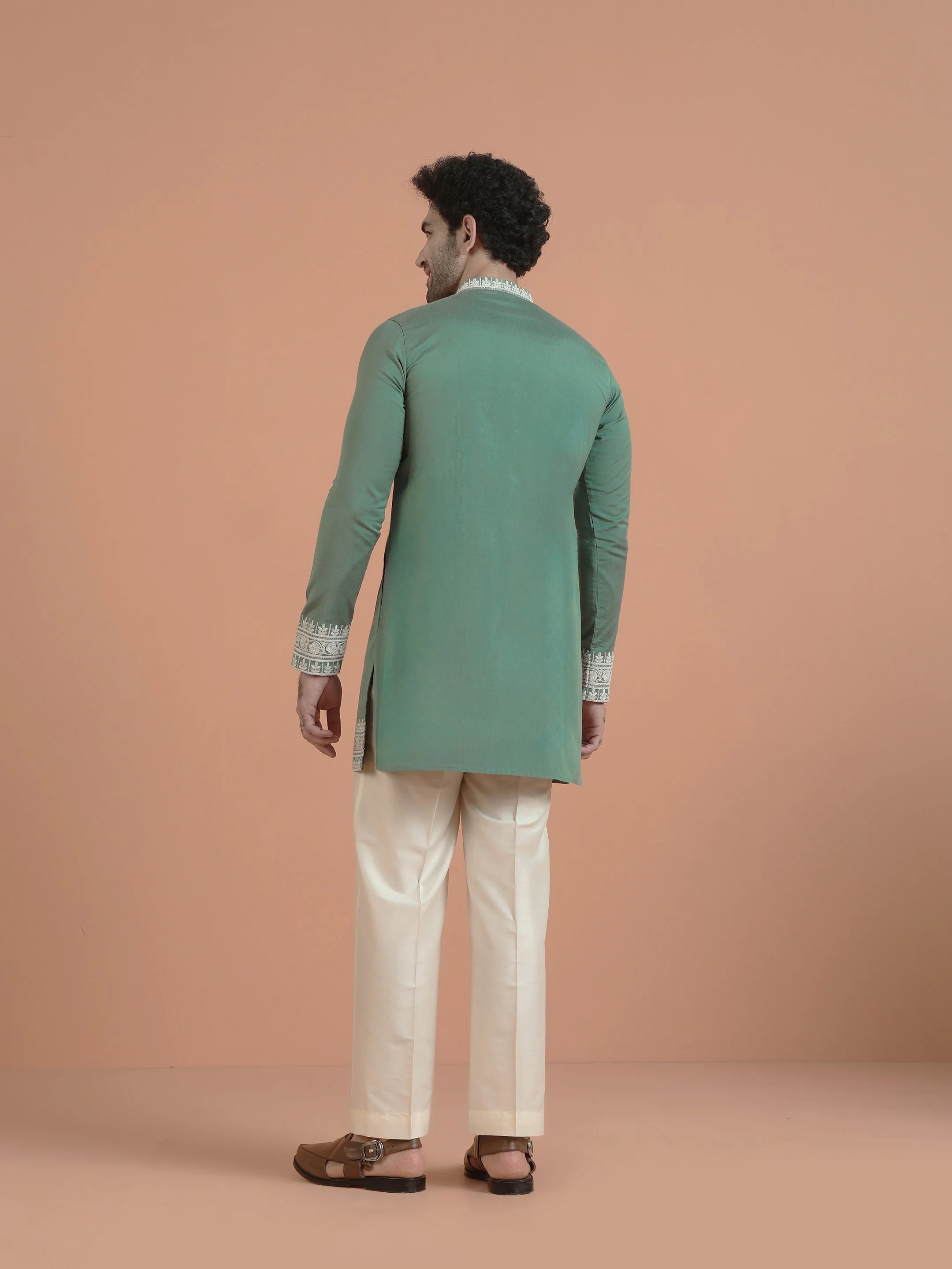 Green Silk Blend Embroidered Mid Kurta Wide Leg Trouser Set - Image 4