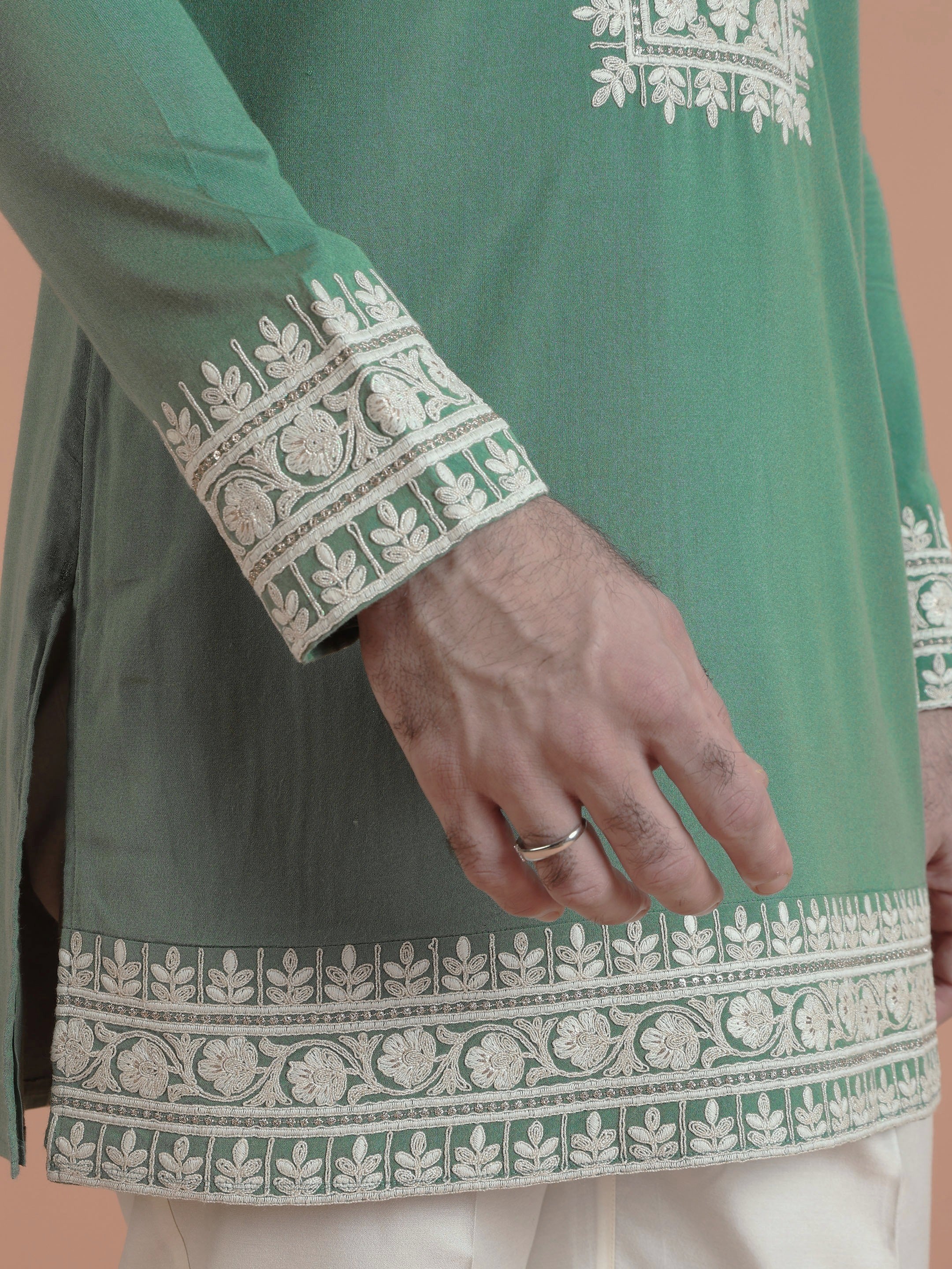 Green Silk Blend Embroidered Mid Kurta Wide Leg Trouser Set - Image 6