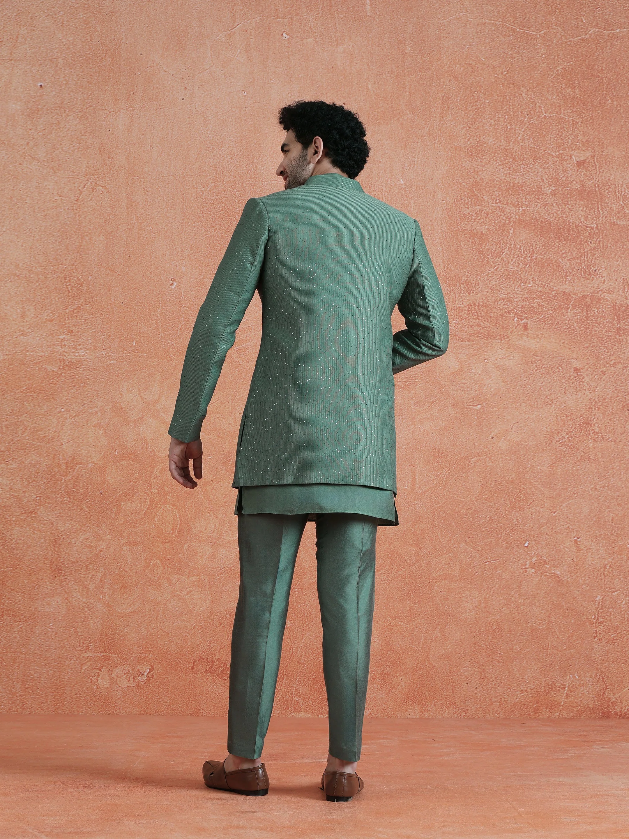 Green Silk Blend Jacquard Mid Kurta Front Open Sherwani Trouser Set - Image 4