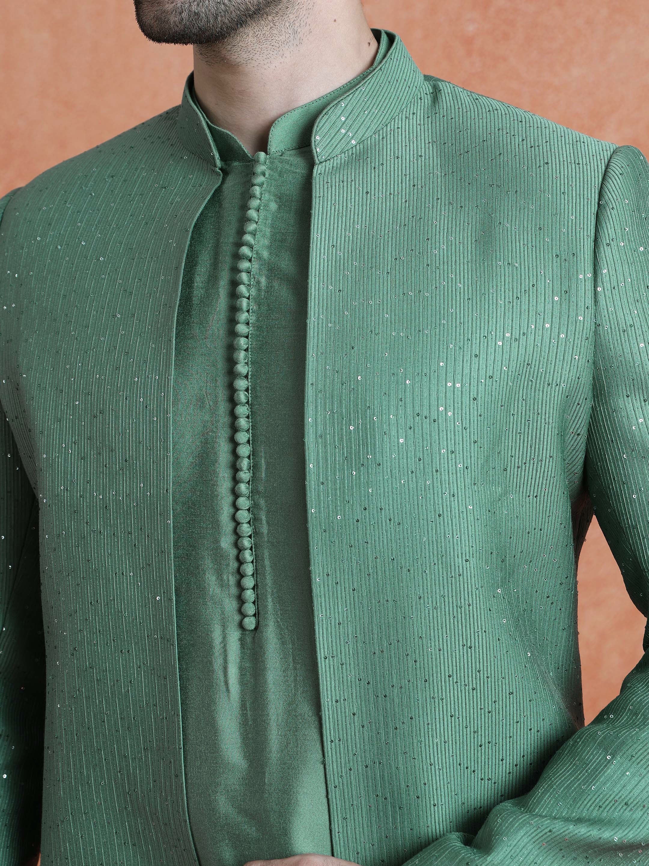 Green Silk Blend Jacquard Mid Kurta Front Open Sherwani Trouser Set - Image 5