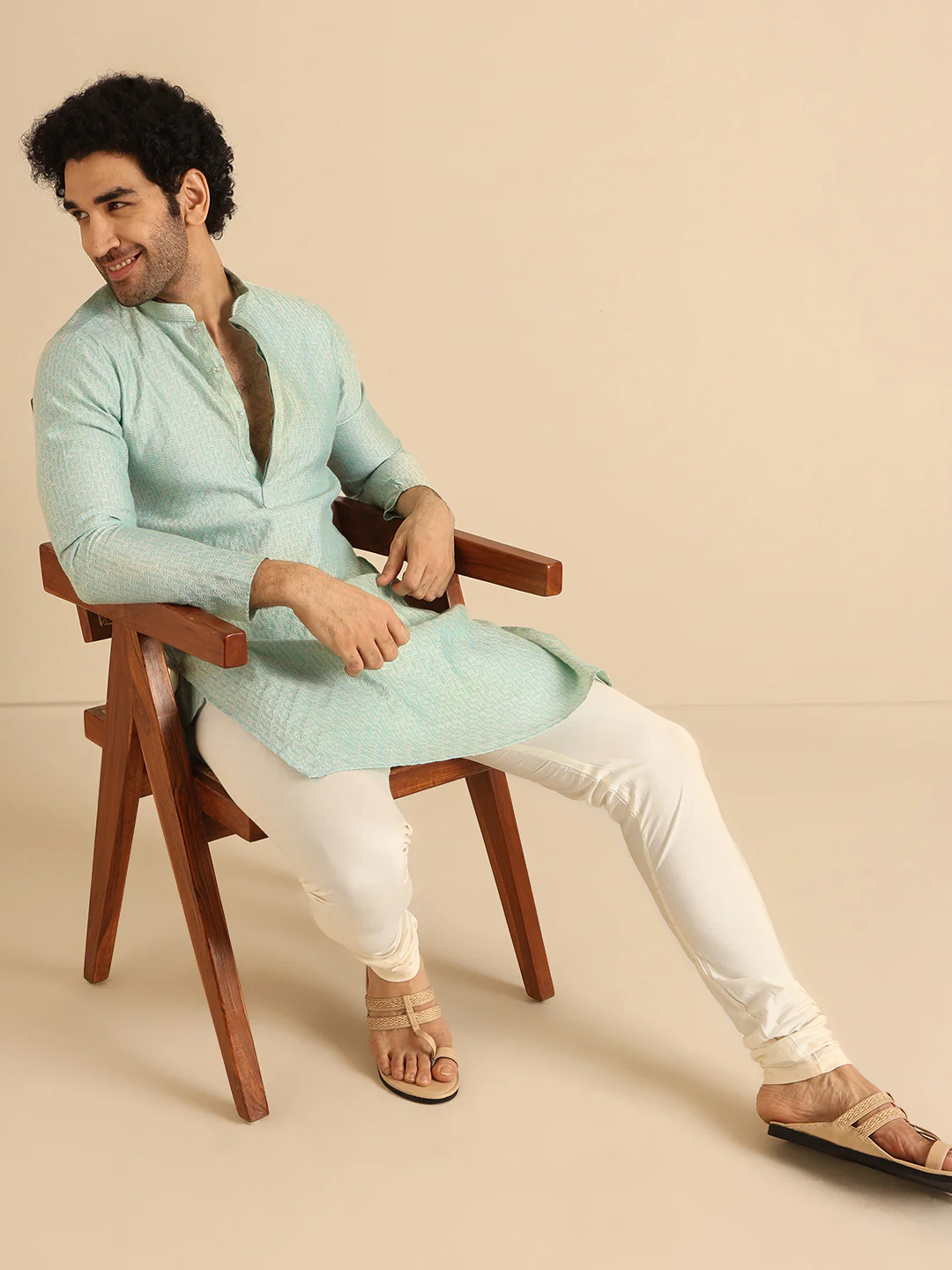 Green Silk Blend Textured Kurta Churidar Set - Image 7