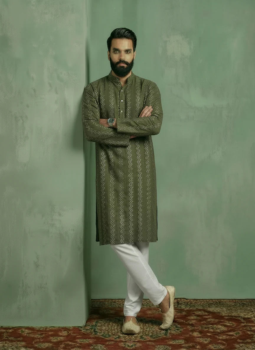 Green Silk Blend Textured Kurta Trouser Set